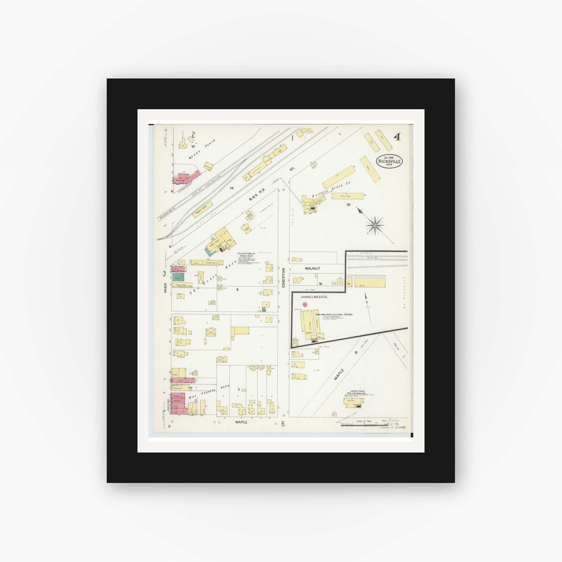 Old map wall art mockup — black gallery frame with white mat — Sanborn Fire Insurance Map from Hicksville, Defiance County, Ohio (1908), Sheet #0004