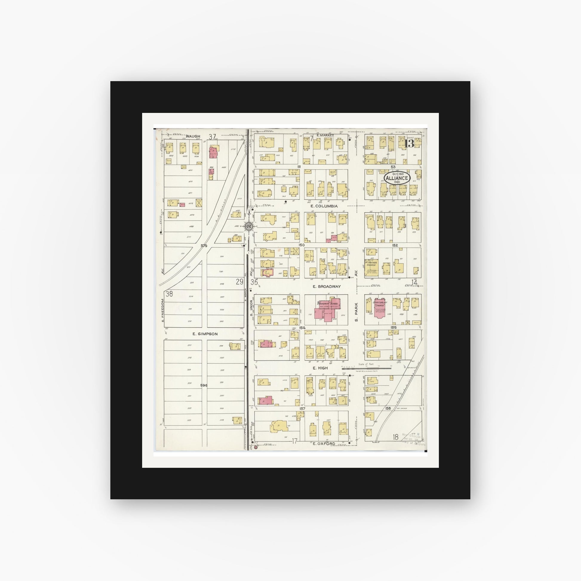 Old map wall art mockup — black gallery frame with white mat — Sanborn Fire Insurance Map from Alliance, Stark County, Ohio (1921), Sheet #0013