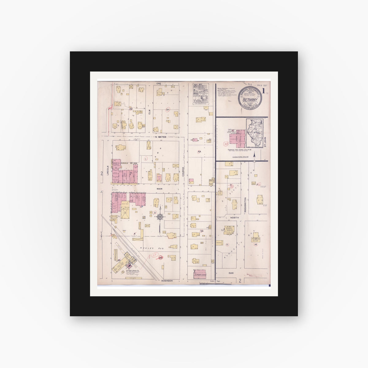 Old map wall art mockup — black gallery frame with white mat — Sanborn Fire Insurance Map from Bethany, Moultrie County, Illinois (1922) - Complete Map Set