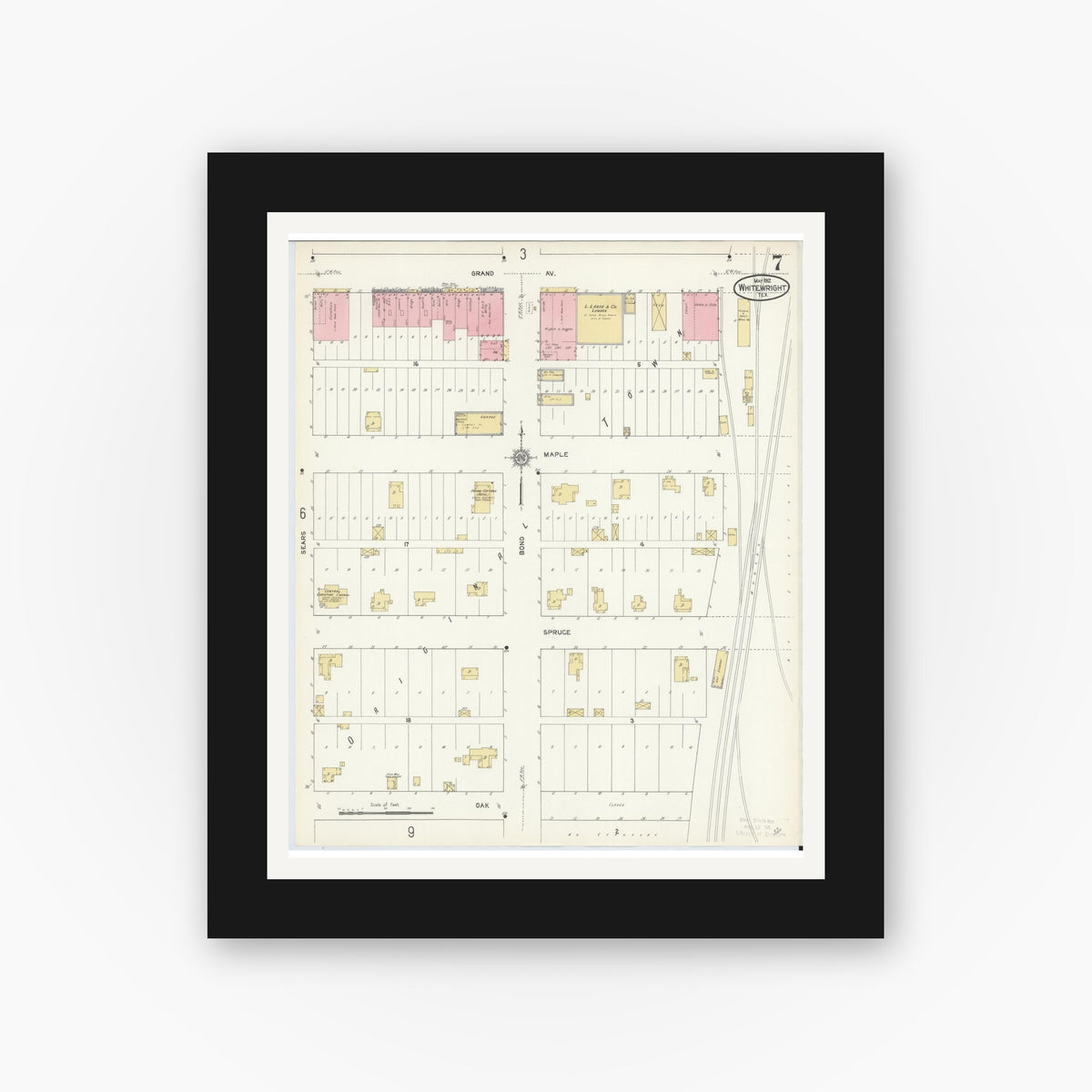 Old map wall art mockup — black gallery frame with white mat — Sanborn Fire Insurance Map from Whitewright, Grayson County, Texas (1912), Sheet #0007