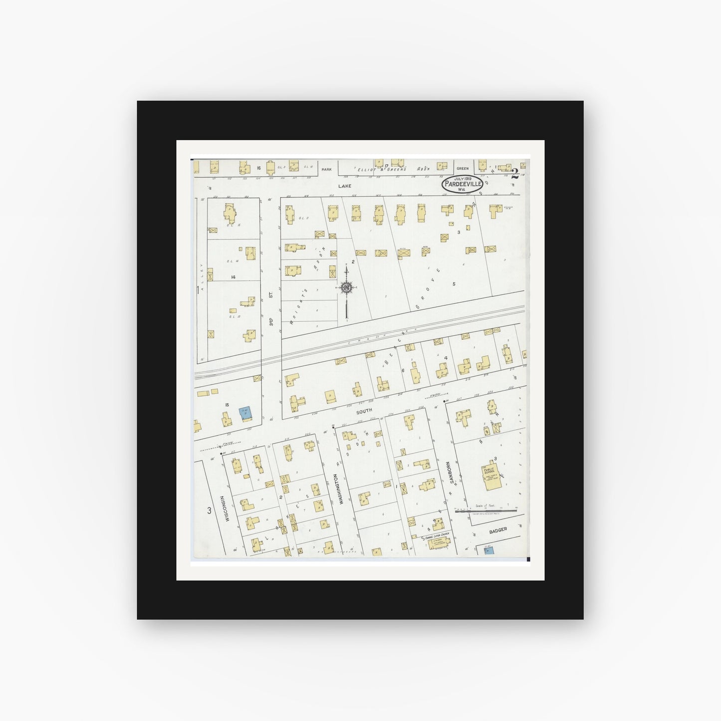 Old map wall art mockup — black gallery frame with white mat — Sanborn Fire Insurance Map from Pardeeville, Columbia County, Wisconsin (1919), Sheet #0002