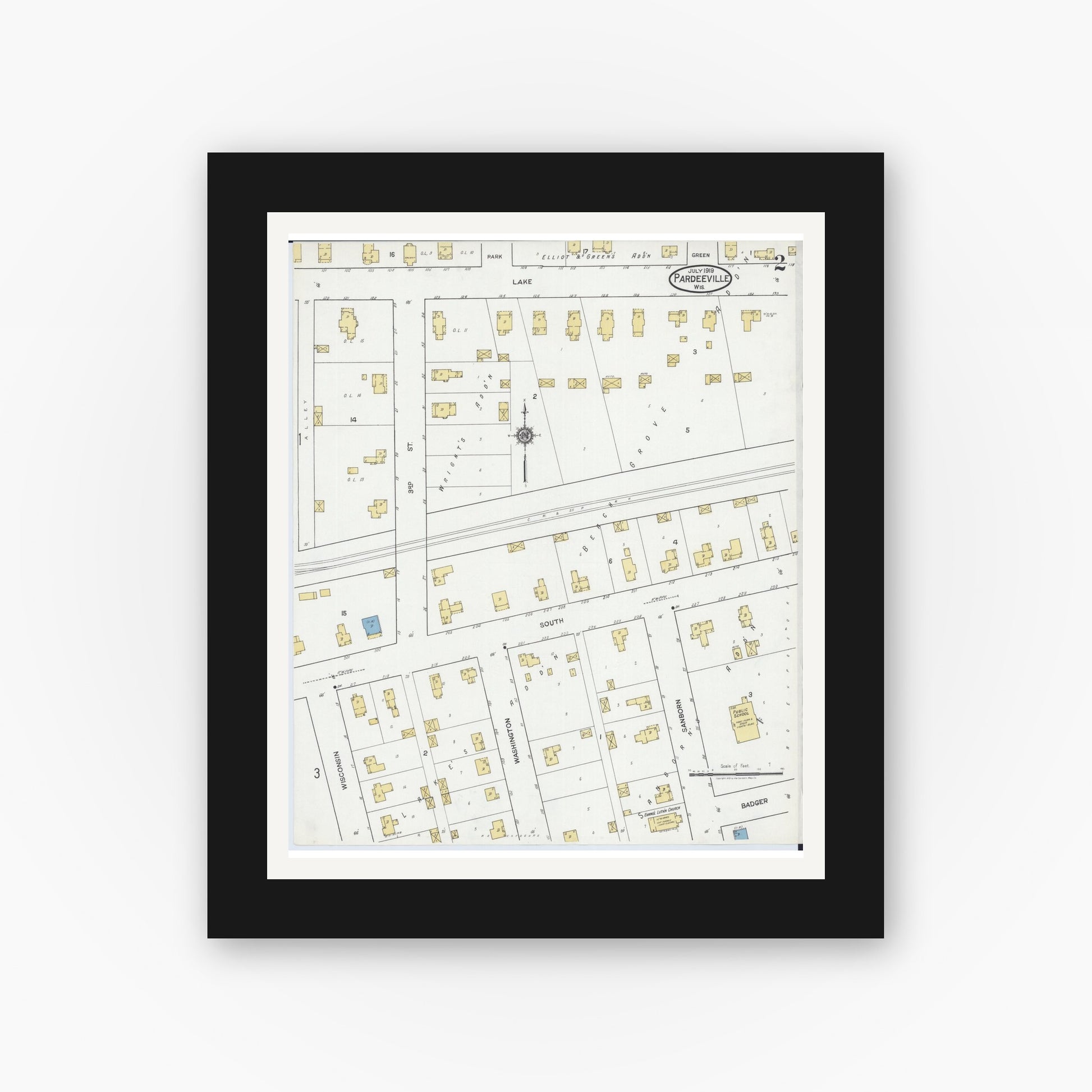 Old map wall art mockup — black gallery frame with white mat — Sanborn Fire Insurance Map from Pardeeville, Columbia County, Wisconsin (1919), Sheet #0002