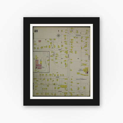 Old map wall art mockup — black gallery frame with white mat — Sanborn Fire Insurance Map from Akron, Summit County, Ohio (1892), Sheet #0025