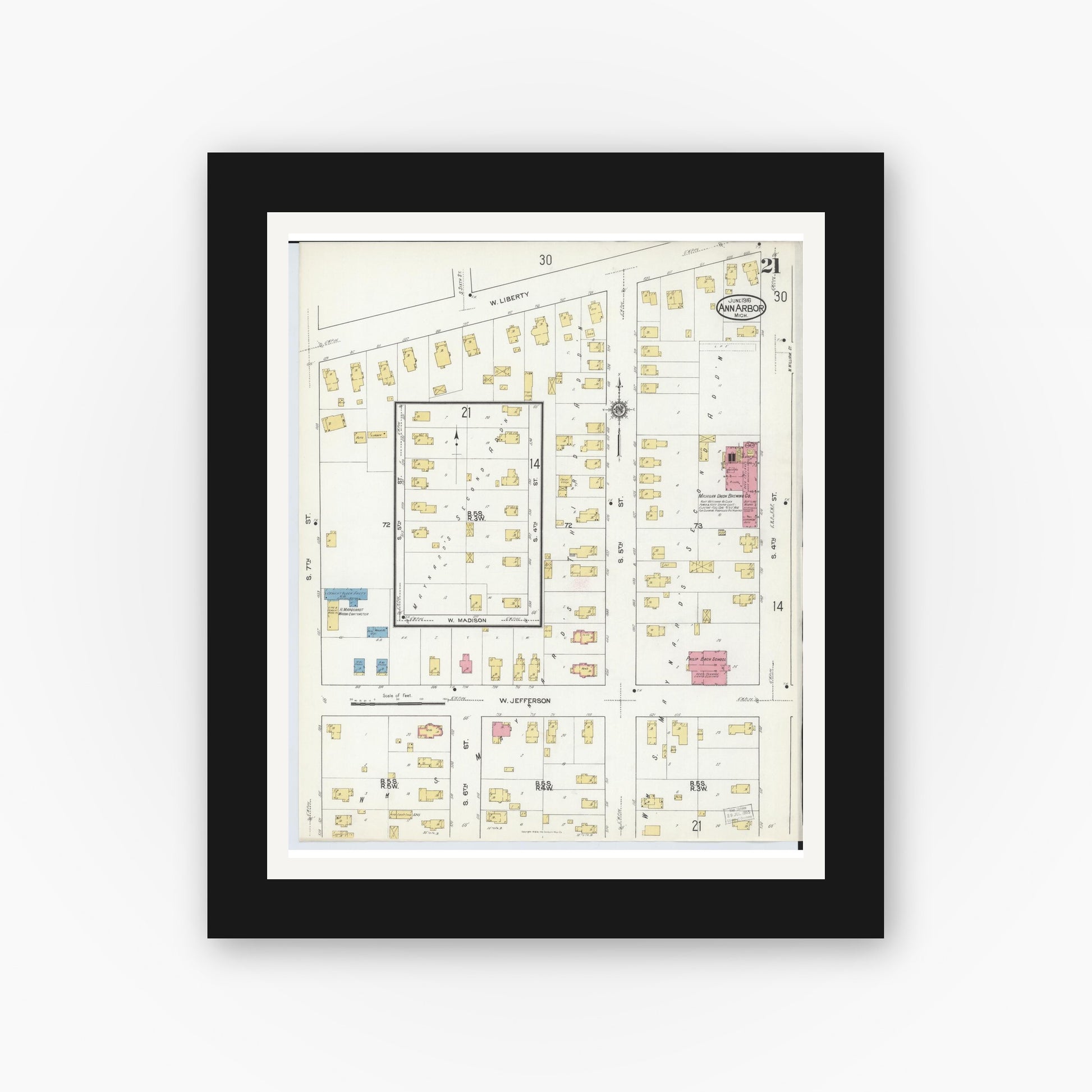 Old map wall art mockup — black gallery frame with white mat — Sanborn Fire Insurance Map from Ann Arbor, Washtenaw County, Michigan (1916), Sheet #0021