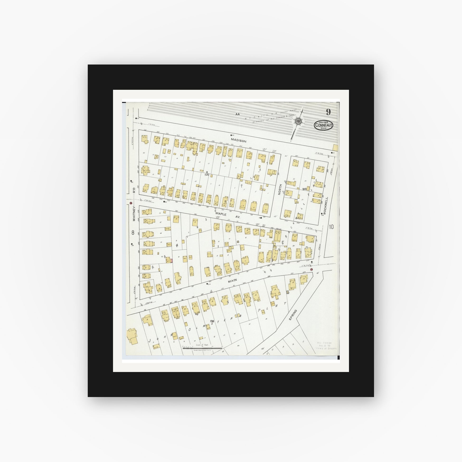 Old map wall art mockup — black gallery frame with white mat — Sanborn Fire Insurance Map from Conneaut, Ashtabula County, Ohio (1919), Sheet #0009