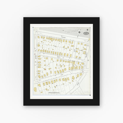 Old map wall art mockup — black gallery frame with white mat — Sanborn Fire Insurance Map from Conneaut, Ashtabula County, Ohio (1919), Sheet #0009