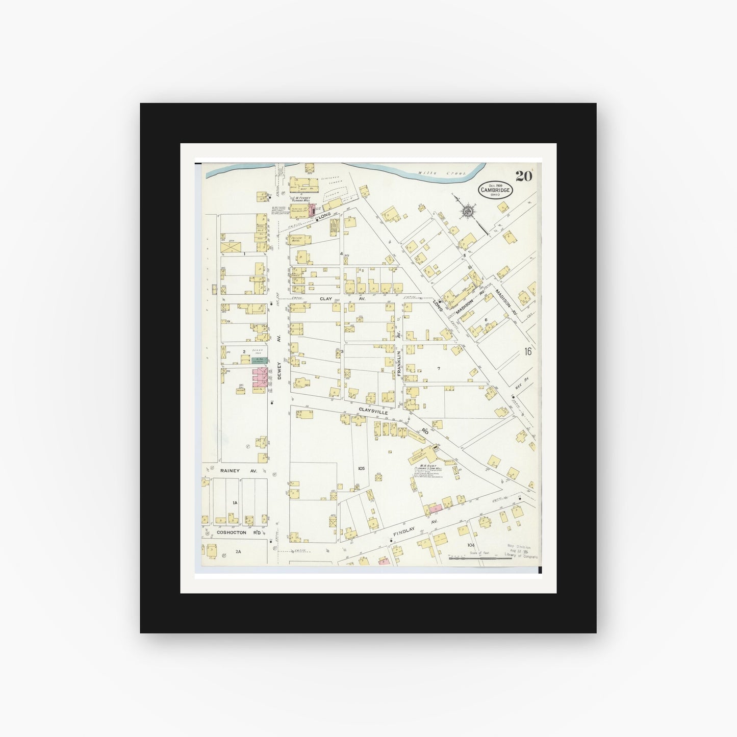 Old map wall art mockup — black gallery frame with white mat — Sanborn Fire Insurance Map from Cambridge, Guernsey County, Ohio (1909), Sheet #0020