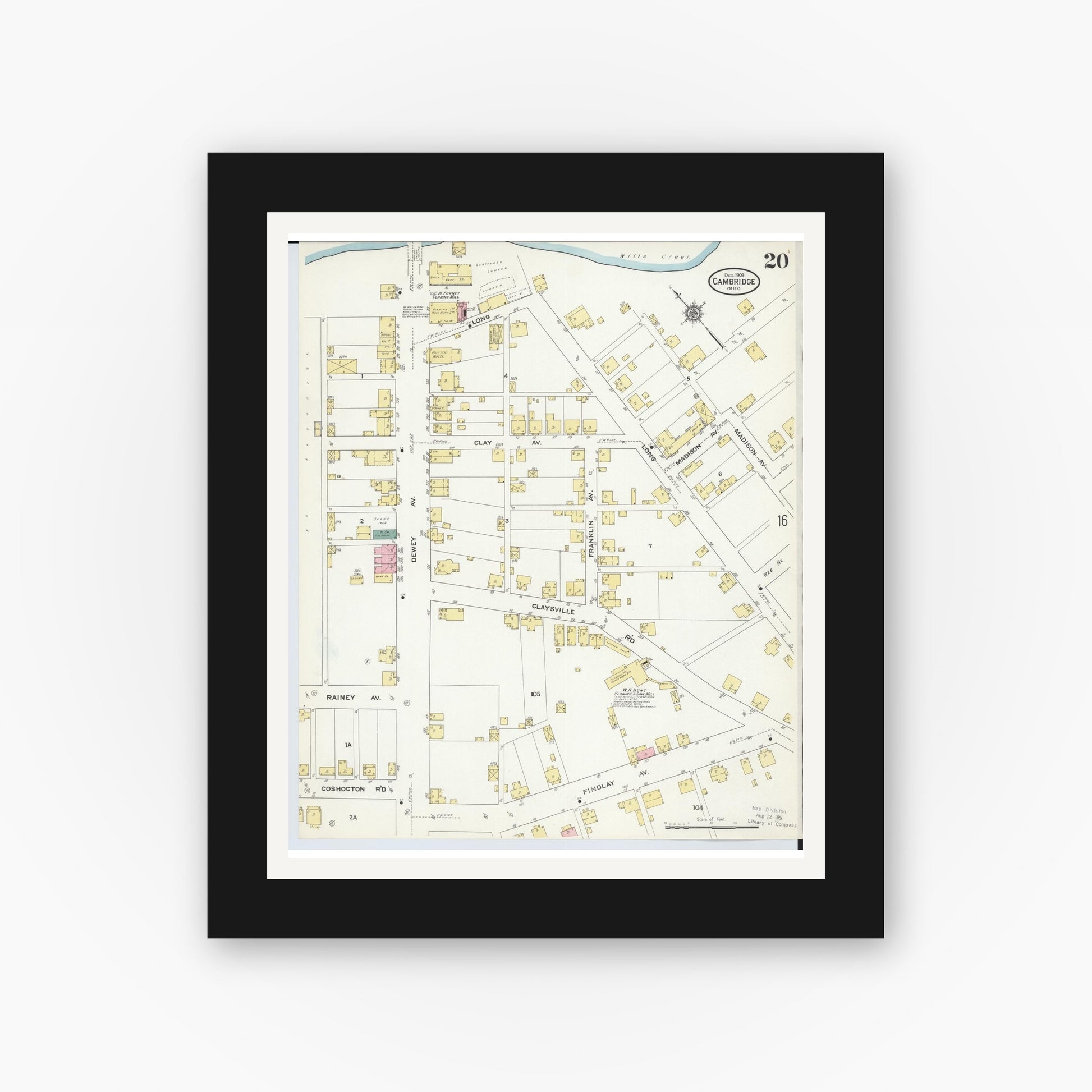 Old map wall art mockup — black gallery frame with white mat — Sanborn Fire Insurance Map from Cambridge, Guernsey County, Ohio (1909), Sheet #0020
