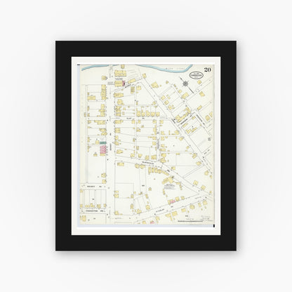 Old map wall art mockup — black gallery frame with white mat — Sanborn Fire Insurance Map from Cambridge, Guernsey County, Ohio (1909), Sheet #0020