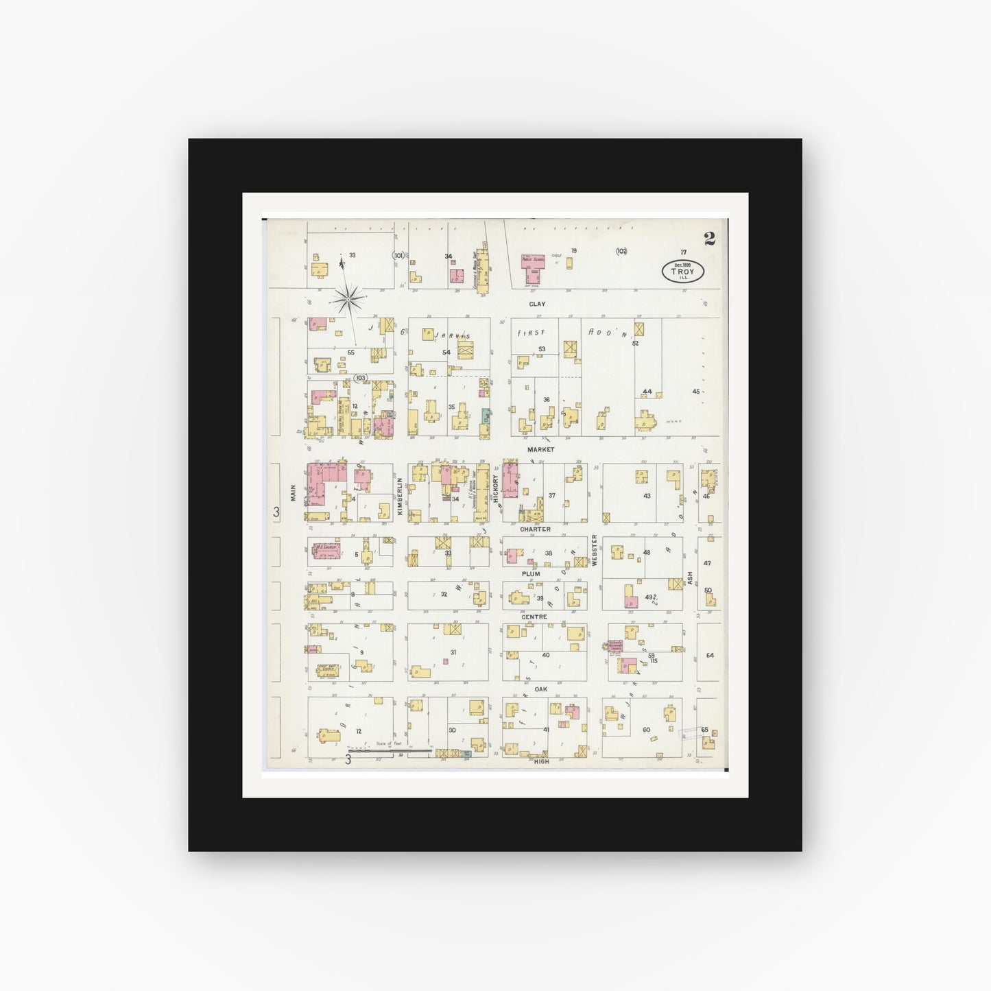 Old map wall art mockup — black gallery frame with white mat — Sanborn Fire Insurance Map from Troy, Madison County, Illinois (1899), Sheet #0002