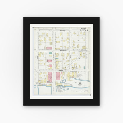 Old map wall art mockup — black gallery frame with white mat — Sanborn Fire Insurance Map from Lowell, Kent County, Michigan (1892), Sheet #0004