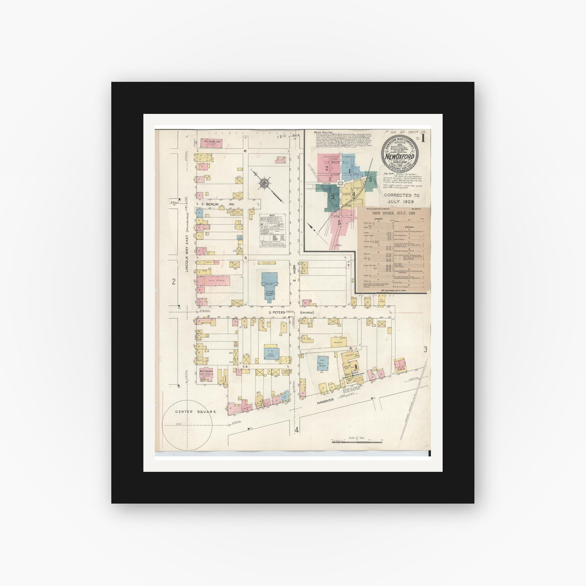 Old map wall art mockup — black gallery frame with white mat — Sanborn Fire Insurance Map from New Oxford, Adams County, Pennsylvania (1929) - Complete Map Set