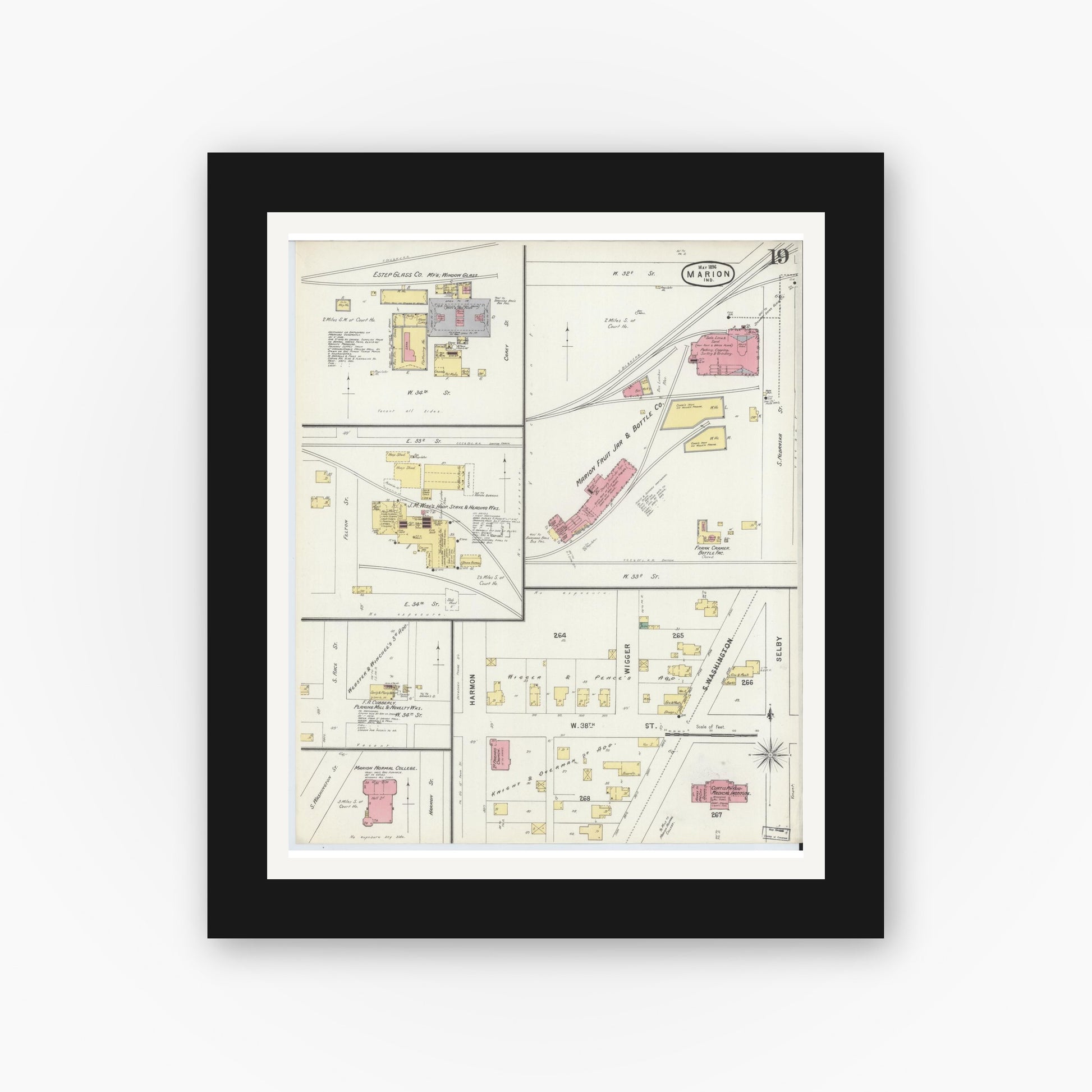 Old map wall art mockup — black gallery frame with white mat — Sanborn Fire Insurance Map from Marion, Grant County, Indiana (1896), Sheet #0019