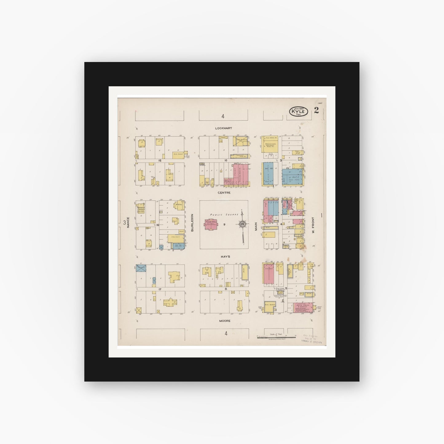 Old map wall art mockup — black gallery frame with white mat — Sanborn Fire Insurance Map from Kyle, Hays County, Texas (1922), Sheet #0002