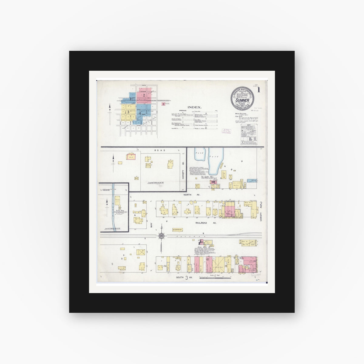 Old map wall art mockup — black gallery frame with white mat — Sanborn Fire Insurance Map from Sumner, Lawrence County, Illinois (1912), Sheet #0001