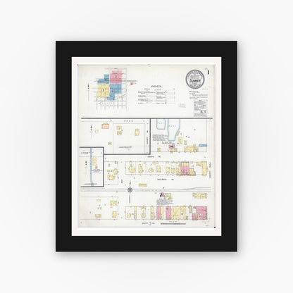Old map wall art mockup — black gallery frame with white mat — Sanborn Fire Insurance Map from Sumner, Lawrence County, Illinois (1912), Sheet #0001
