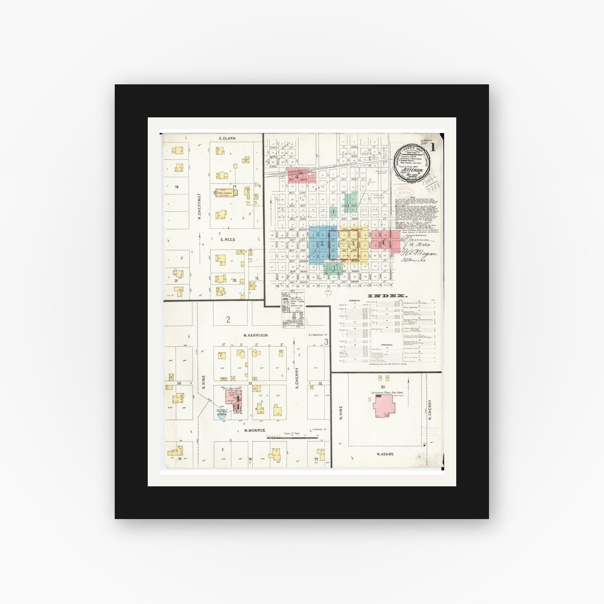 Old map wall art mockup — black gallery frame with white mat — Sanborn Fire Insurance Map from Jefferson, Greene County, Iowa (1898) â€” Complete Set
