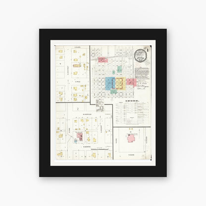 Old map wall art mockup — black gallery frame with white mat — Sanborn Fire Insurance Map from Jefferson, Greene County, Iowa (1898) â€” Complete Set