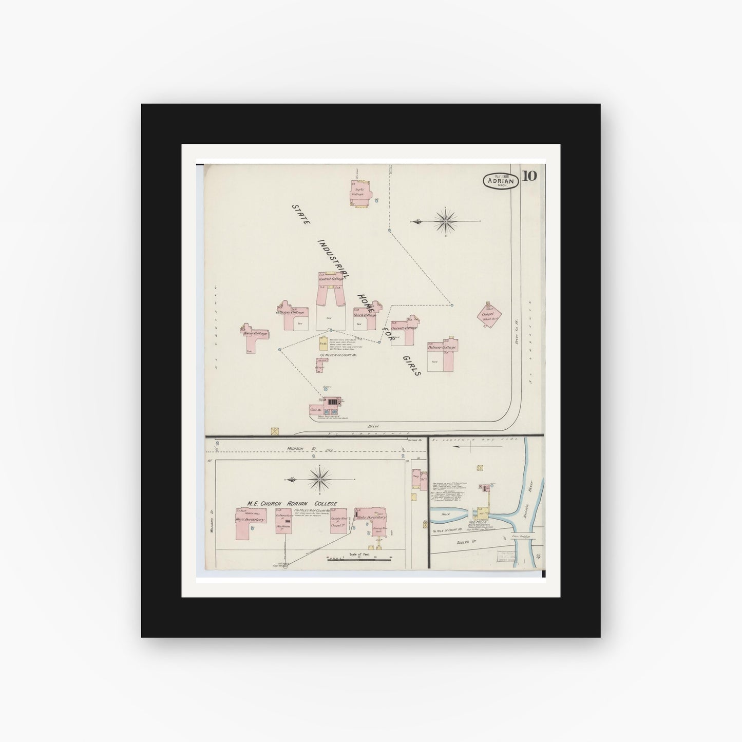 Old map wall art mockup — black gallery frame with white mat — Sanborn Fire Insurance Map from Adrian, Lenawee County, Michigan (1888), Sheet #0010