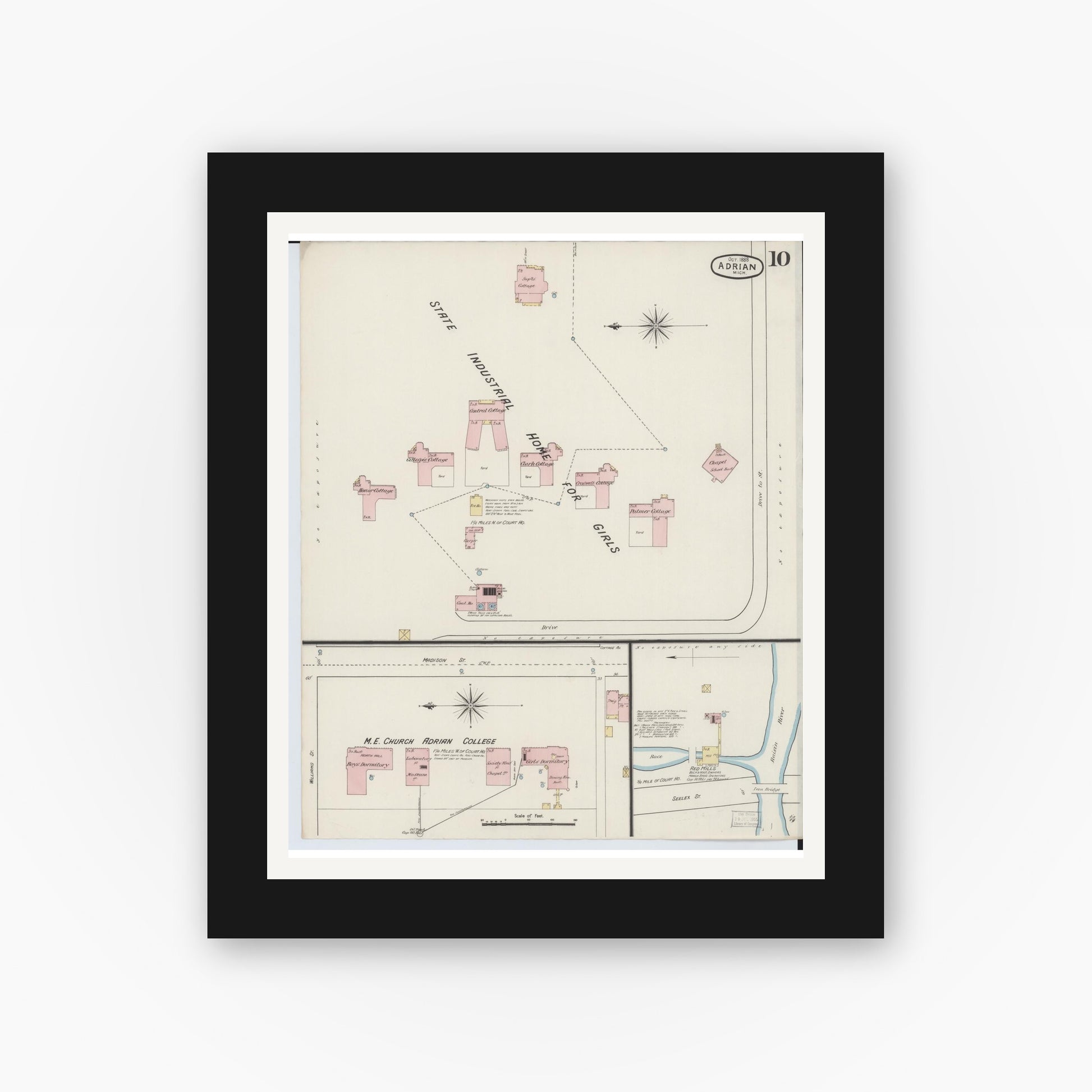 Old map wall art mockup — black gallery frame with white mat — Sanborn Fire Insurance Map from Adrian, Lenawee County, Michigan (1888), Sheet #0010