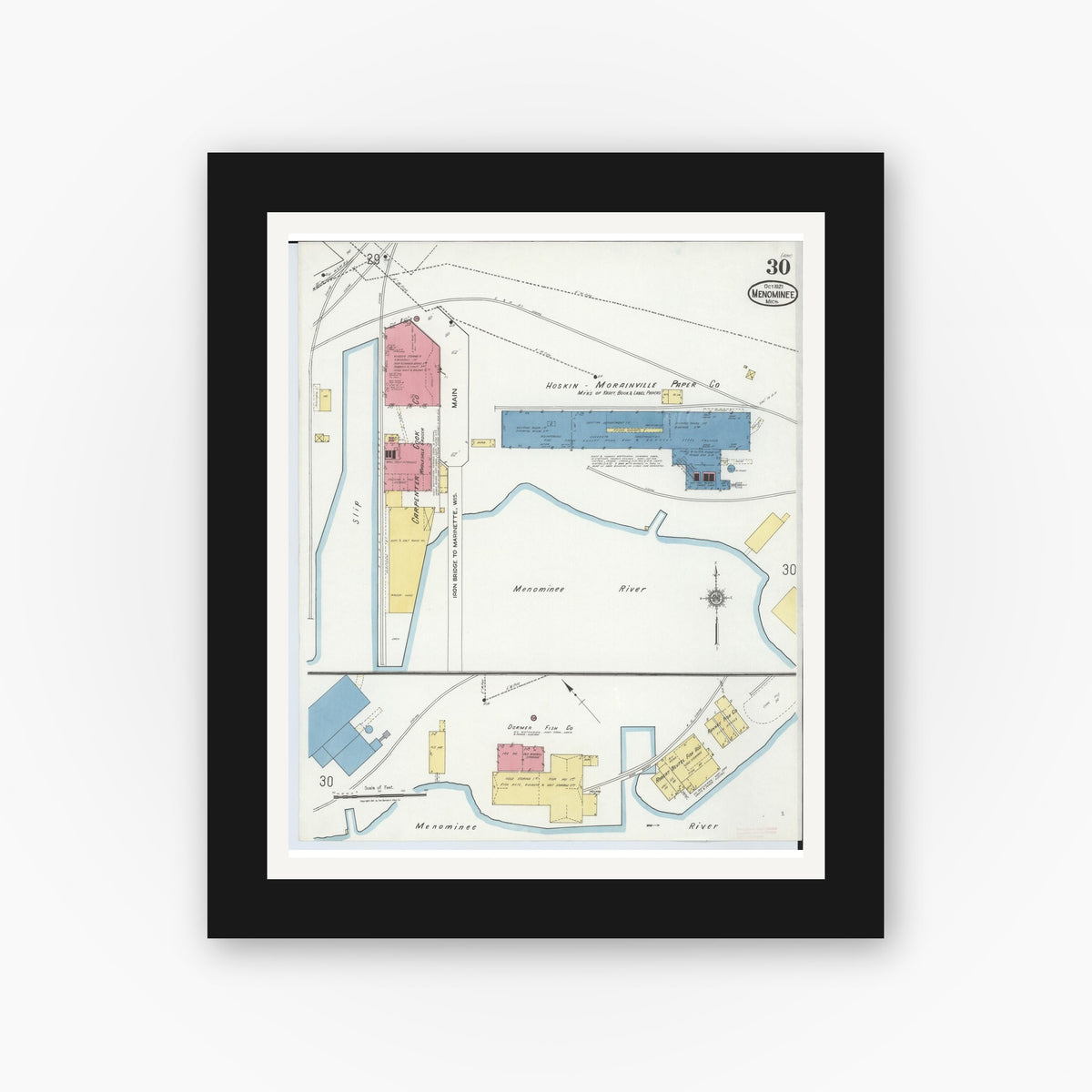 Old map wall art mockup — black gallery frame with white mat — Sanborn Fire Insurance Map from Menominee, Menominee County, Michigan (1921), Sheet #0030