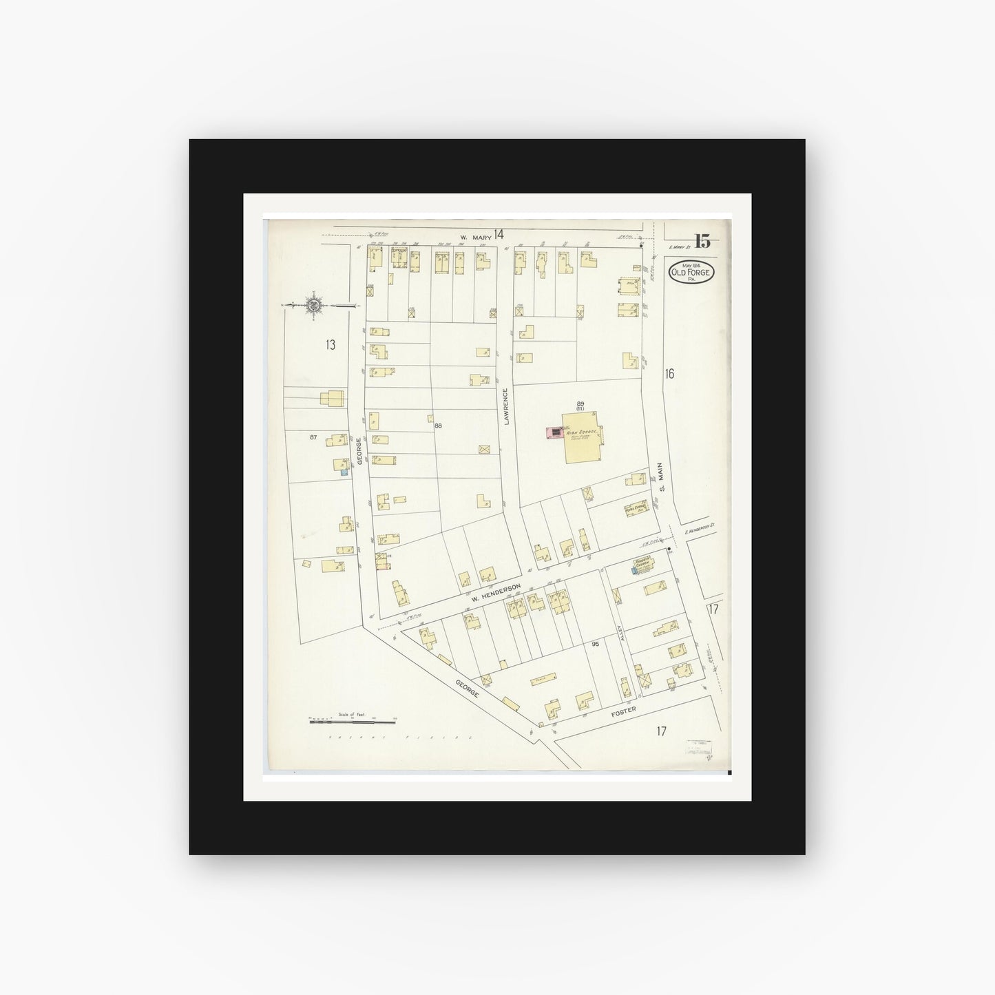 Old map wall art mockup — black gallery frame with white mat — Sanborn Fire Insurance Map from Old Forge, Lackawanna County, Pennsylvania (1914), Sheet #0015