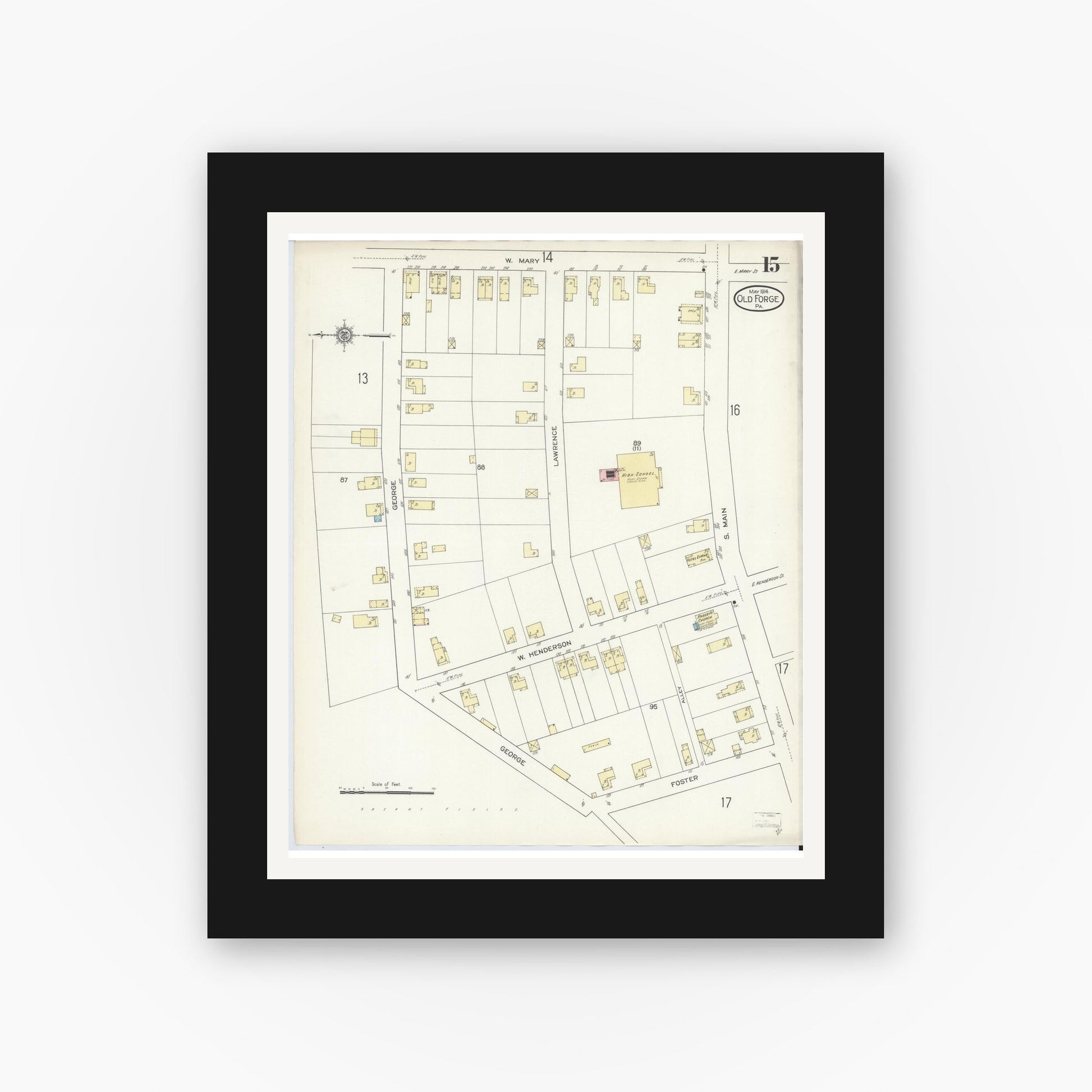 Old map wall art mockup — black gallery frame with white mat — Sanborn Fire Insurance Map from Old Forge, Lackawanna County, Pennsylvania (1914), Sheet #0015