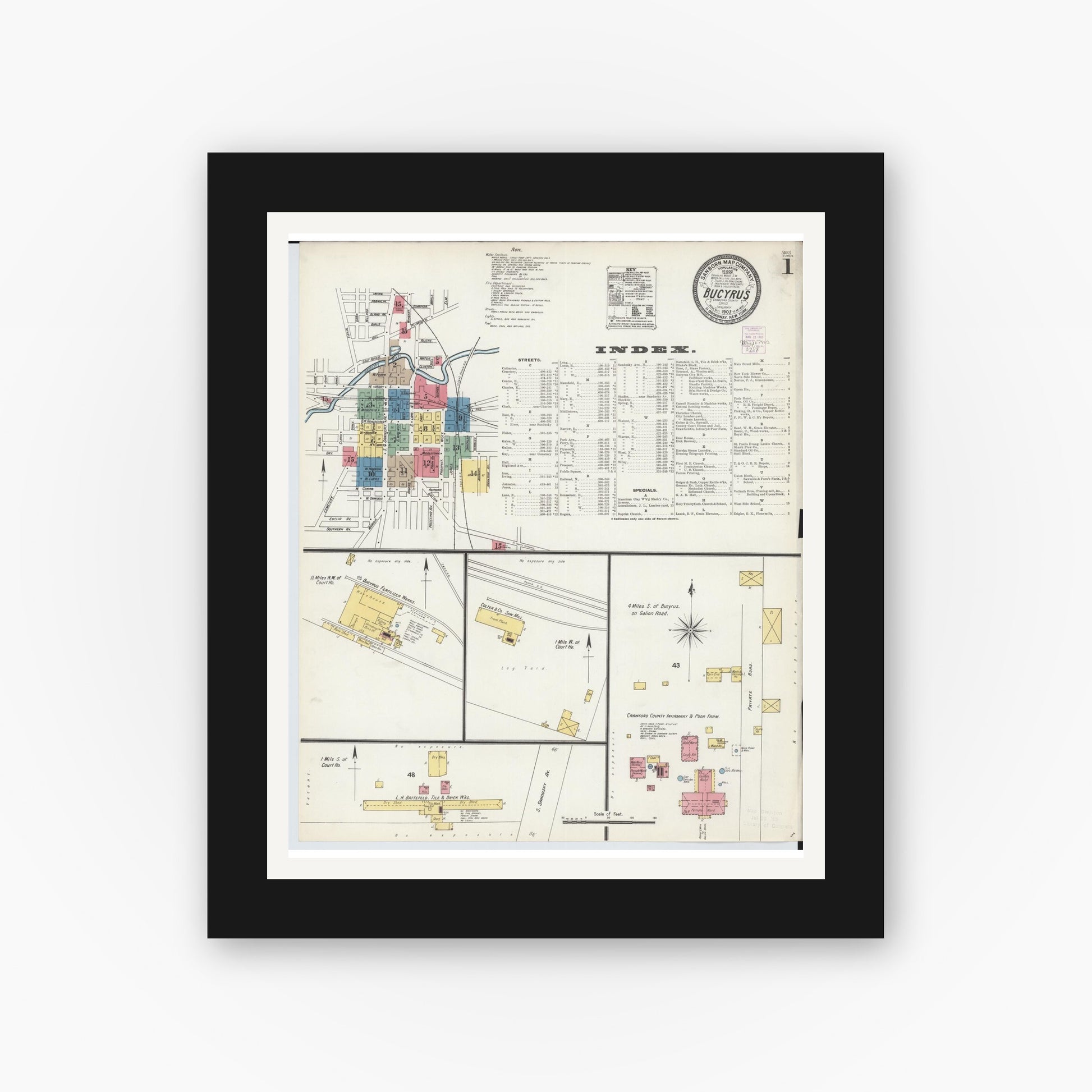 Old map wall art mockup — black gallery frame with white mat — Sanborn Fire Insurance Map from Bucyrus, Crawford County, Ohio (1903), Sheet #0001