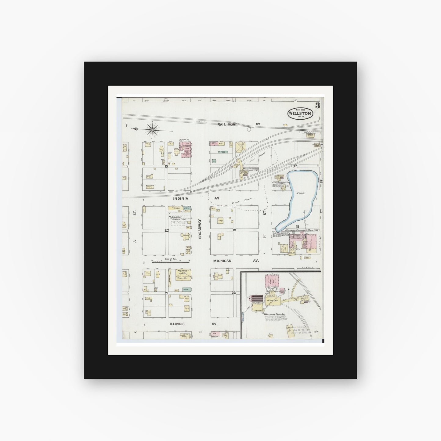 Old map wall art mockup — black gallery frame with white mat — Sanborn Fire Insurance Map from Wellston, Jackson County, Ohio (1888), Sheet #0003