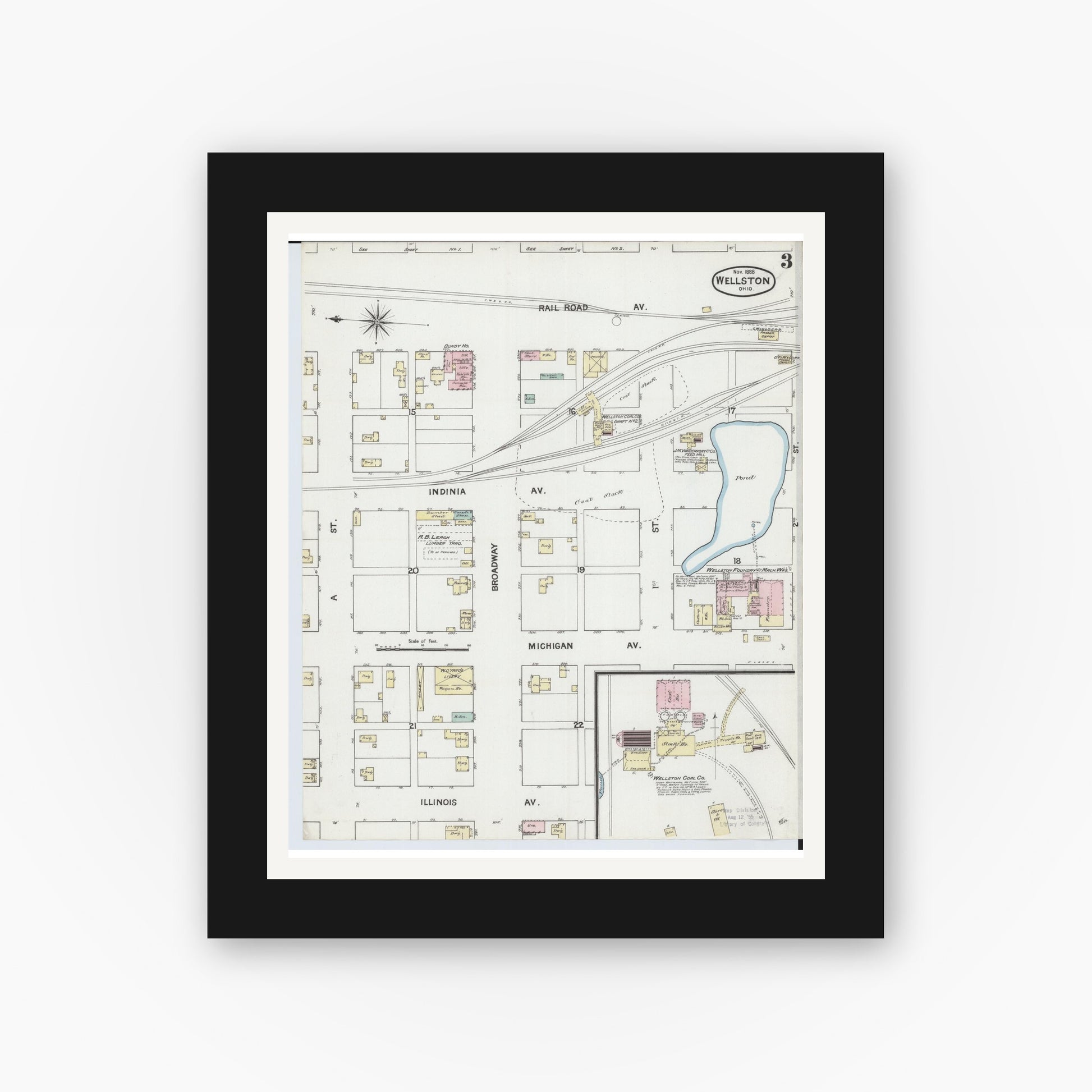 Old map wall art mockup — black gallery frame with white mat — Sanborn Fire Insurance Map from Wellston, Jackson County, Ohio (1888), Sheet #0003