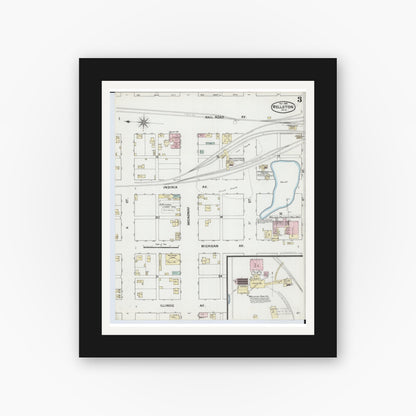Old map wall art mockup — black gallery frame with white mat — Sanborn Fire Insurance Map from Wellston, Jackson County, Ohio (1888), Sheet #0003
