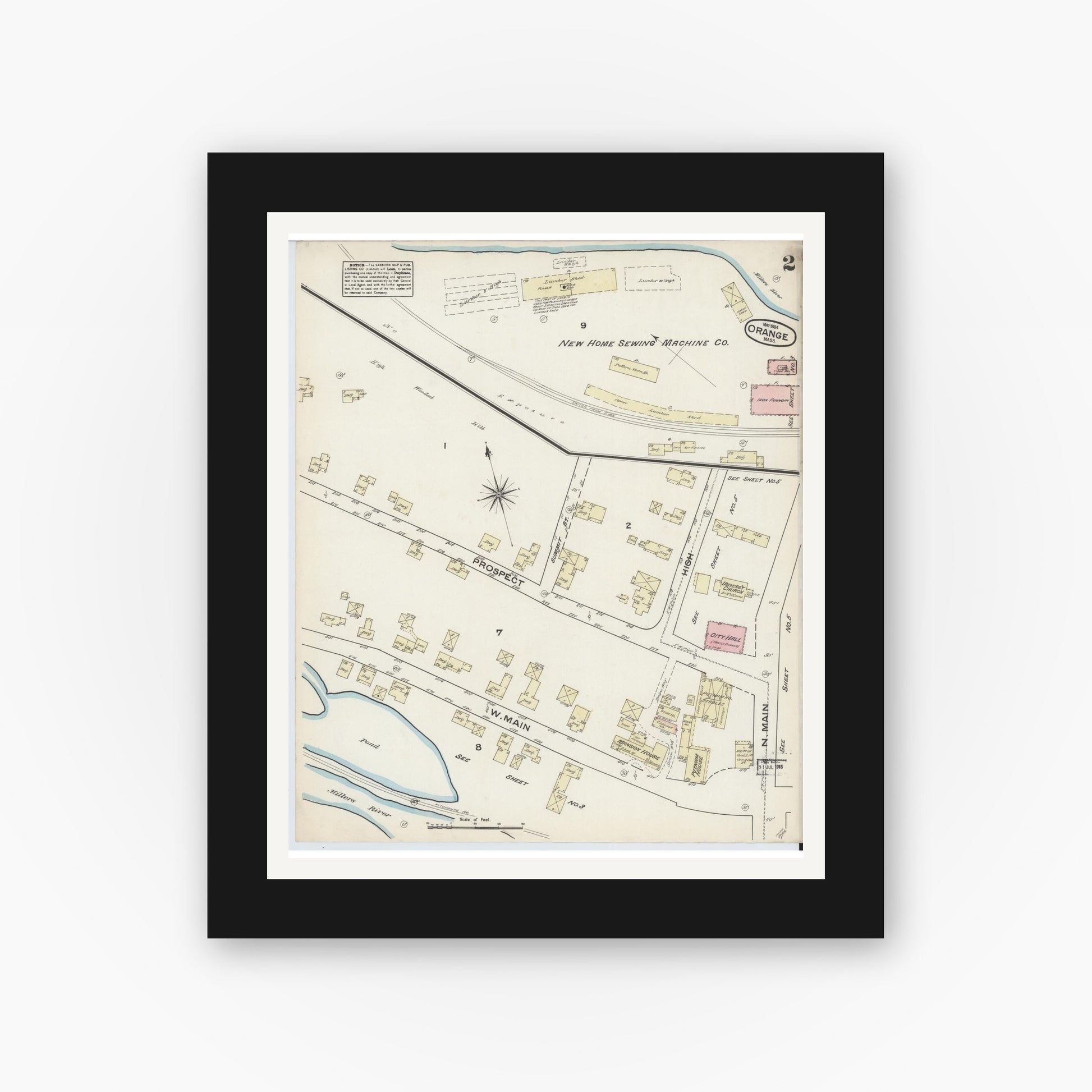 Old map wall art mockup — black gallery frame with white mat — Sanborn Fire Insurance Map from Orange, Franklin County, Massachusetts (1884), Sheet #0002