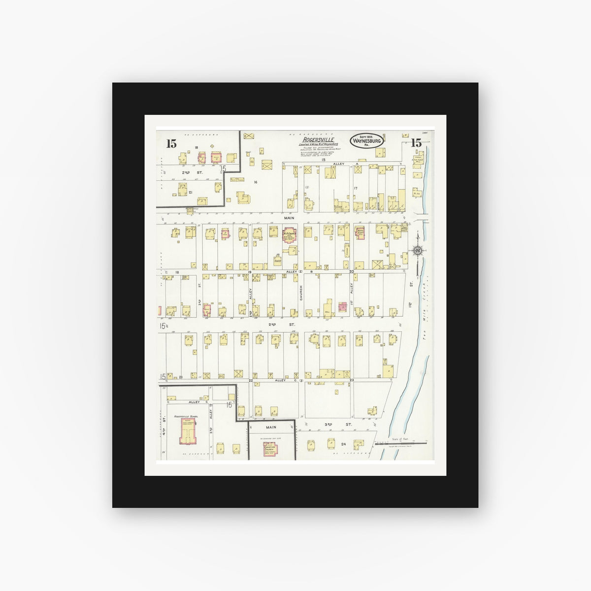 Old map wall art mockup — black gallery frame with white mat — Sanborn Fire Insurance Map from Waynesburg, Greene County, Pennsylvania (1925), Sheet #0015