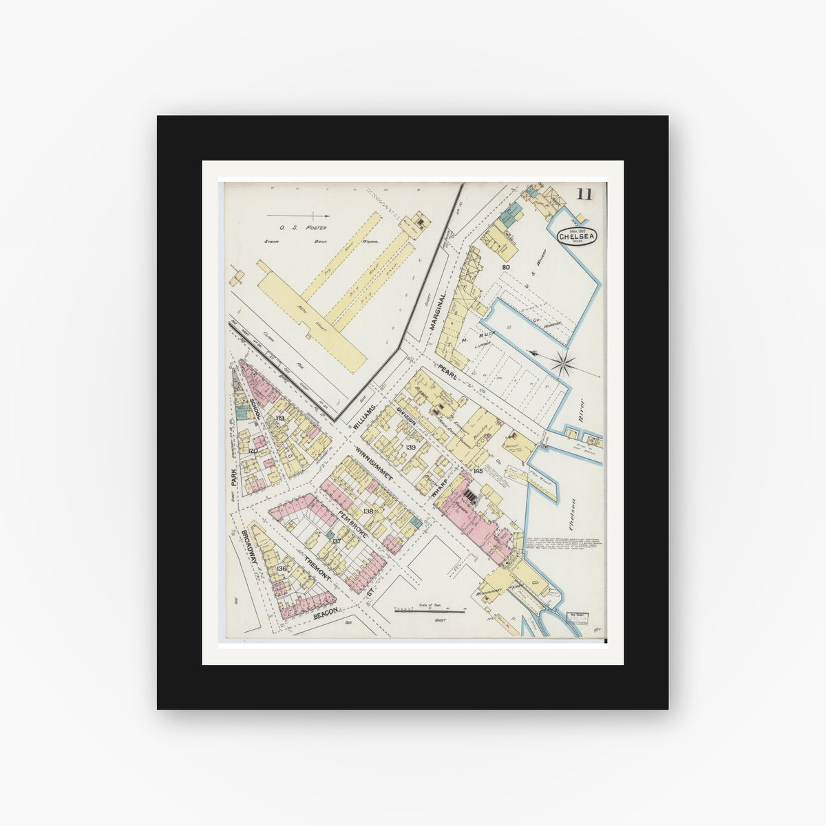 Old map wall art mockup — black gallery frame with white mat — Sanborn Fire Insurance Map from Chelsea, Suffolk County, Massachusetts (1889), Sheet #0011