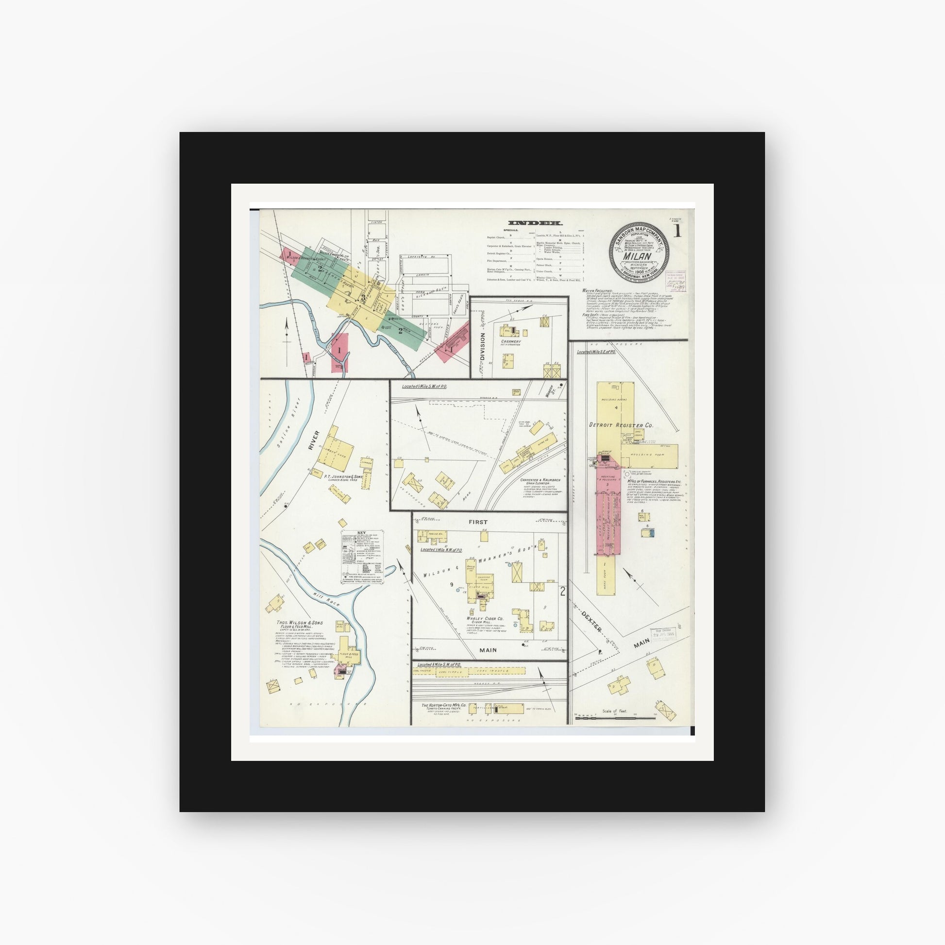 Old map wall art mockup — black gallery frame with white mat — Sanborn Fire Insurance Map from Milan, Washtenaw And Monroe Counties, Michigan (1908) - Complete Map Set
