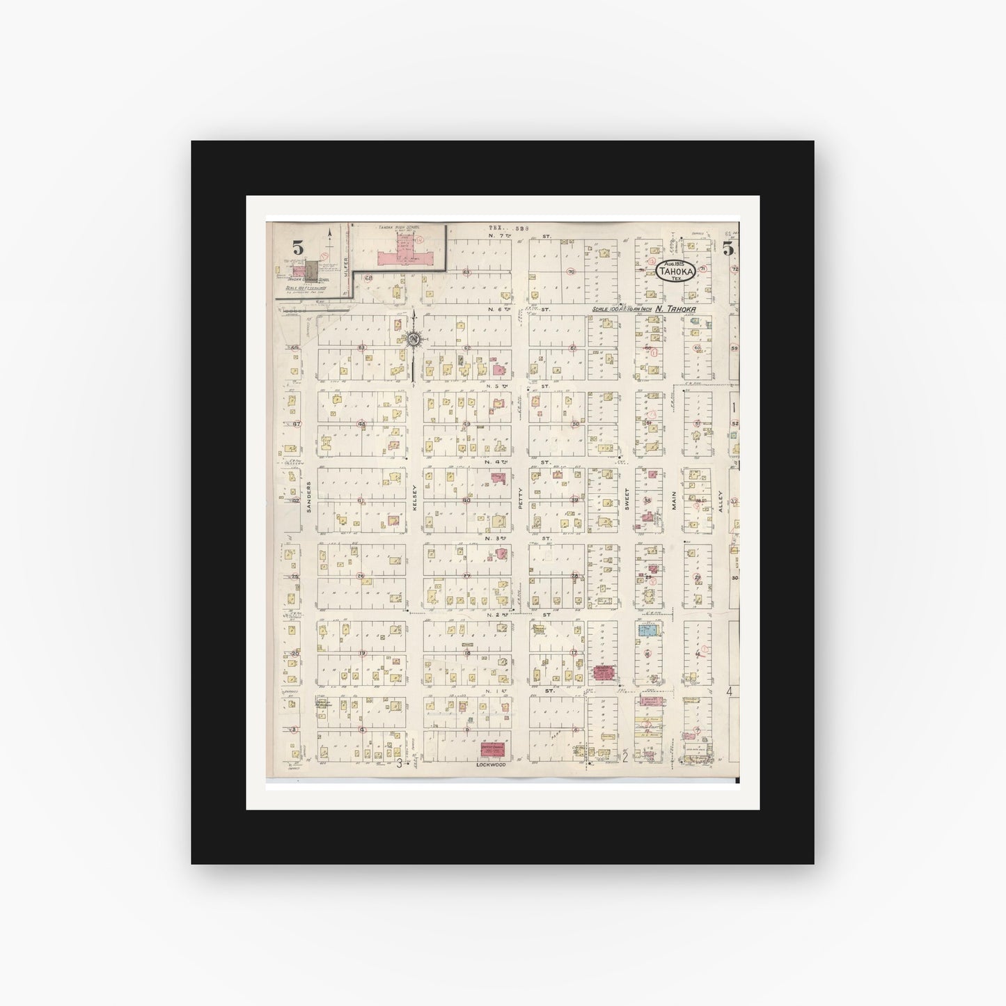Old map wall art mockup — black gallery frame with white mat — Sanborn Fire Insurance Map from Tahoka, Lynn County, Texas (1941), Sheet #0005