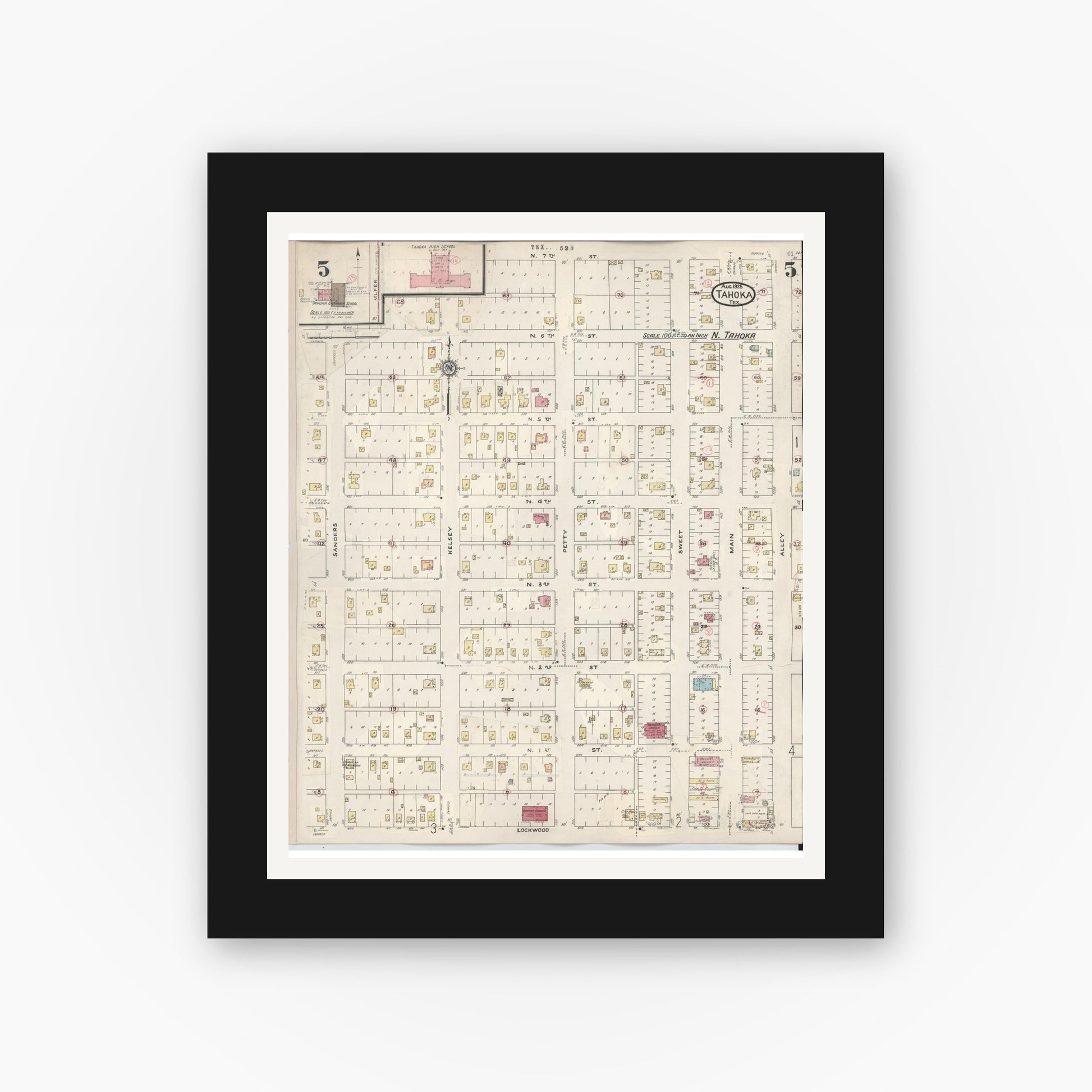 Old map wall art mockup — black gallery frame with white mat — Sanborn Fire Insurance Map from Tahoka, Lynn County, Texas (1941), Sheet #0005