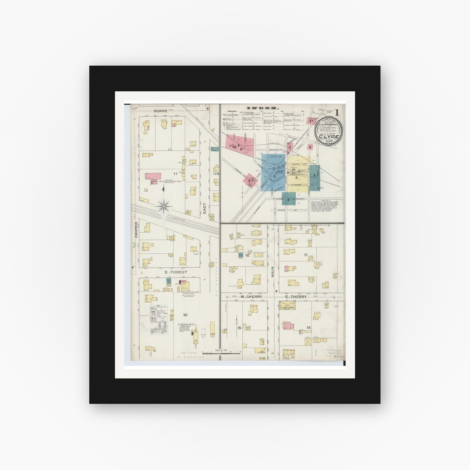 Old map wall art mockup — black gallery frame with white mat — Sanborn Fire Insurance Map from Clyde, Sandusky County, Ohio (1893) - Complete Map Set