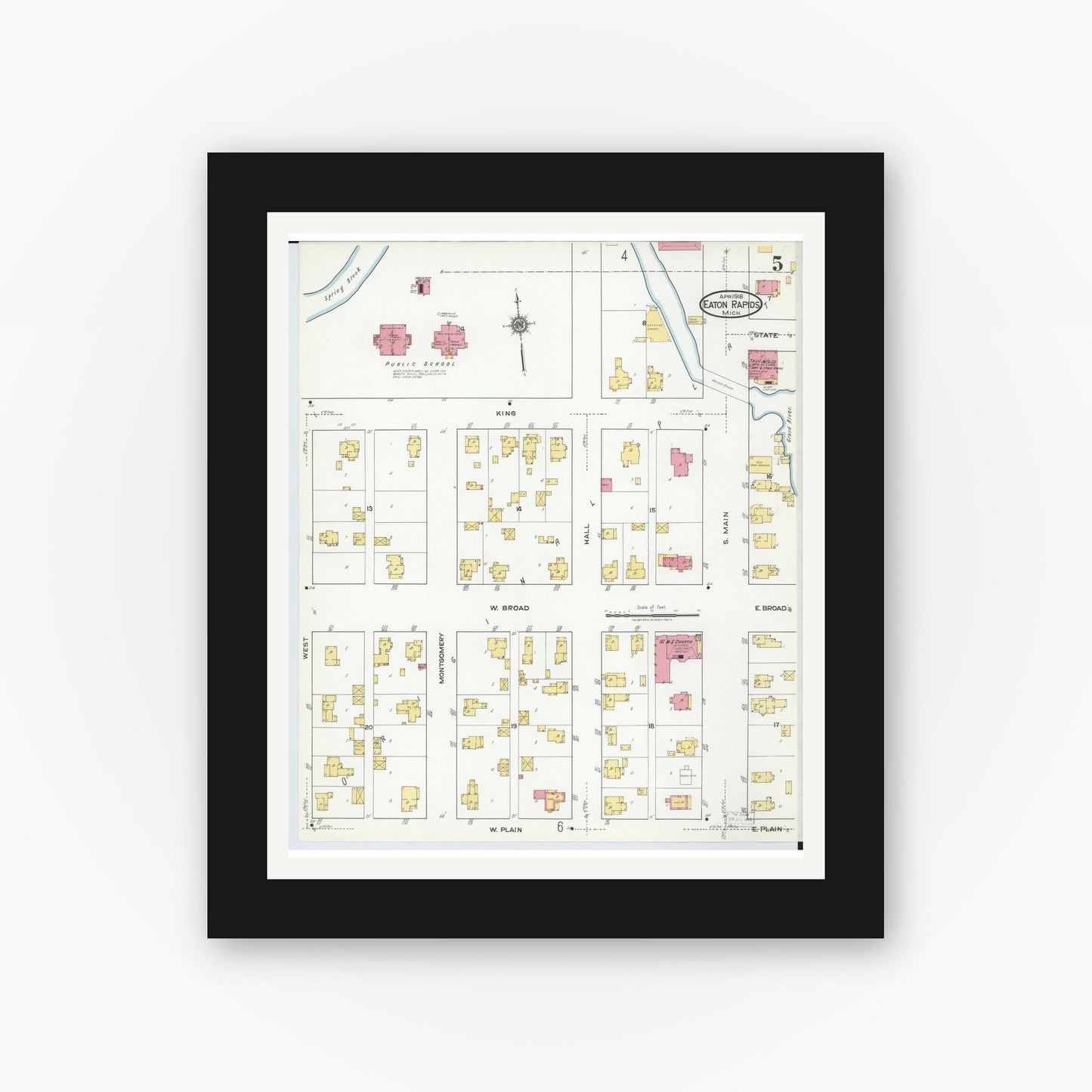 Old map wall art mockup — black gallery frame with white mat — Sanborn Fire Insurance Map from Eaton Rapids, Eaton County, Michigan (1918), Sheet #0005