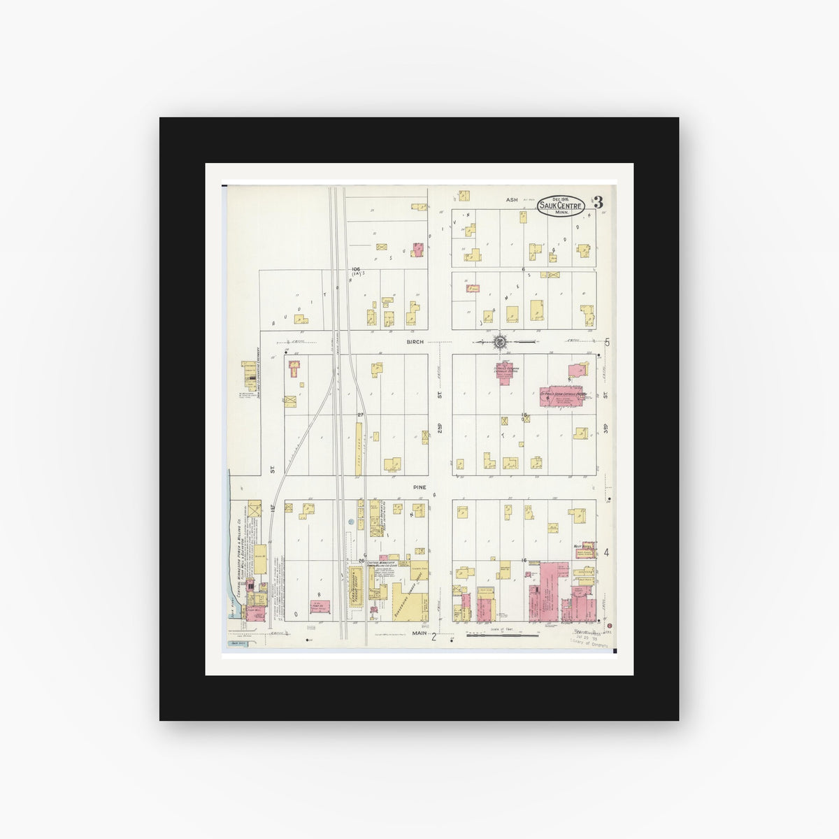Old map wall art mockup — black gallery frame with white mat — Sanborn Fire Insurance Map from Sauk Centre, Stearns County, Minnesota (1916), Sheet #0003