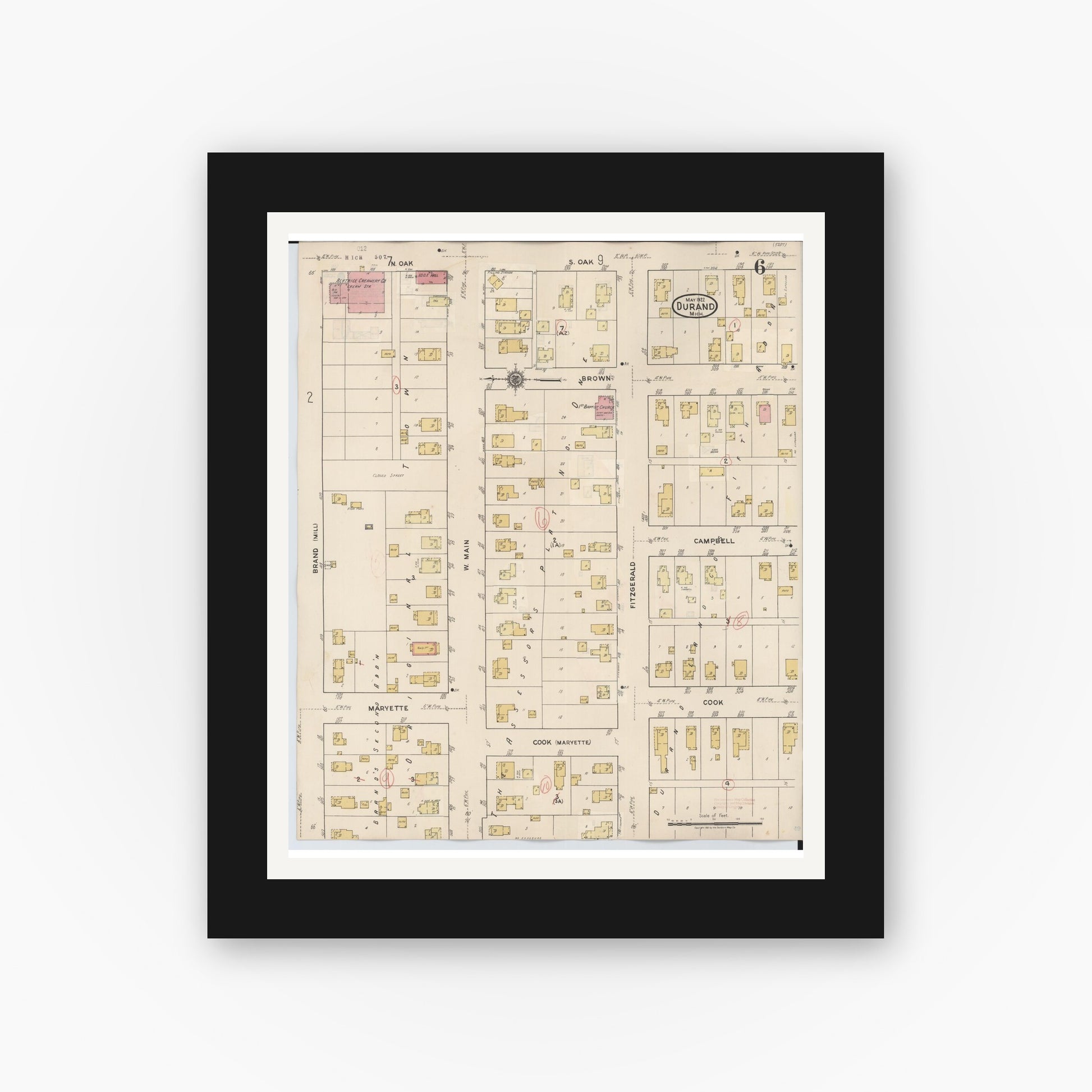 Old map wall art mockup — black gallery frame with white mat — Sanborn Fire Insurance Map from Durand, Shiawassee County, Michigan (1944), Sheet #0006