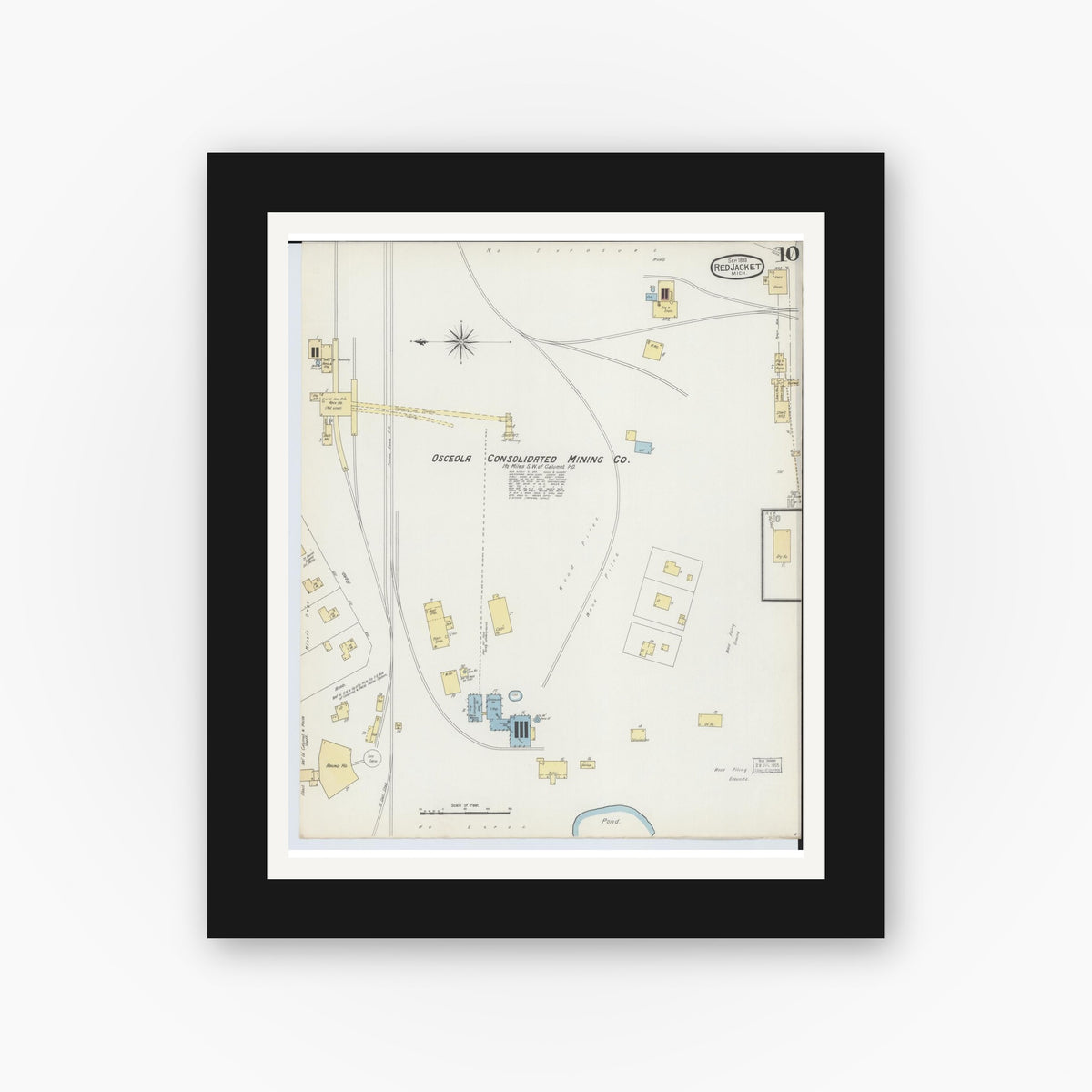 Old map wall art mockup — black gallery frame with white mat — Sanborn Fire Insurance Map from Red Jacket, Houghton County, Michigan (1893), Sheet #0010