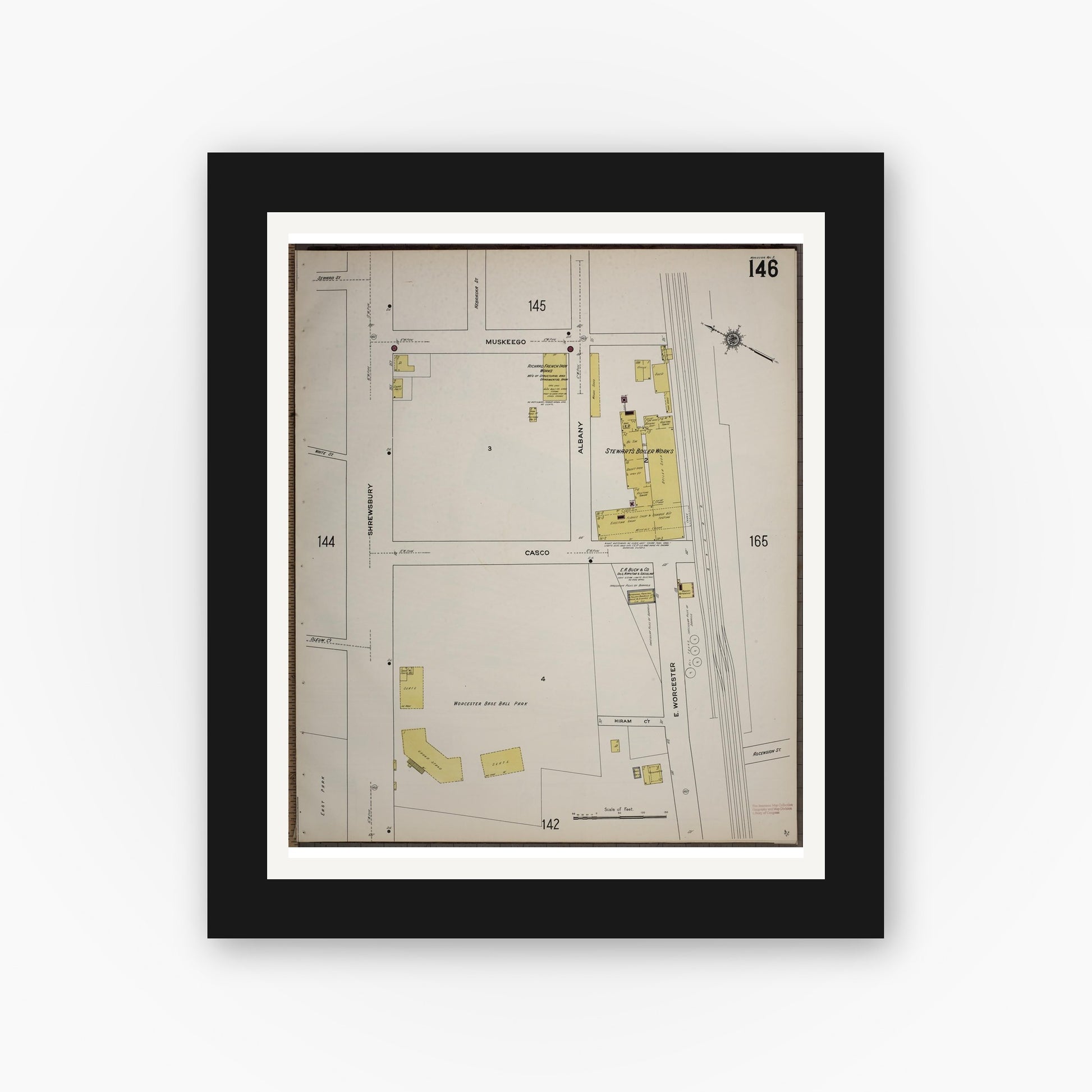 Old map wall art mockup — black gallery frame with white mat — Sanborn Fire Insurance Map from Worcester, Worcester County, Massachusetts (1910), Sheet #0146