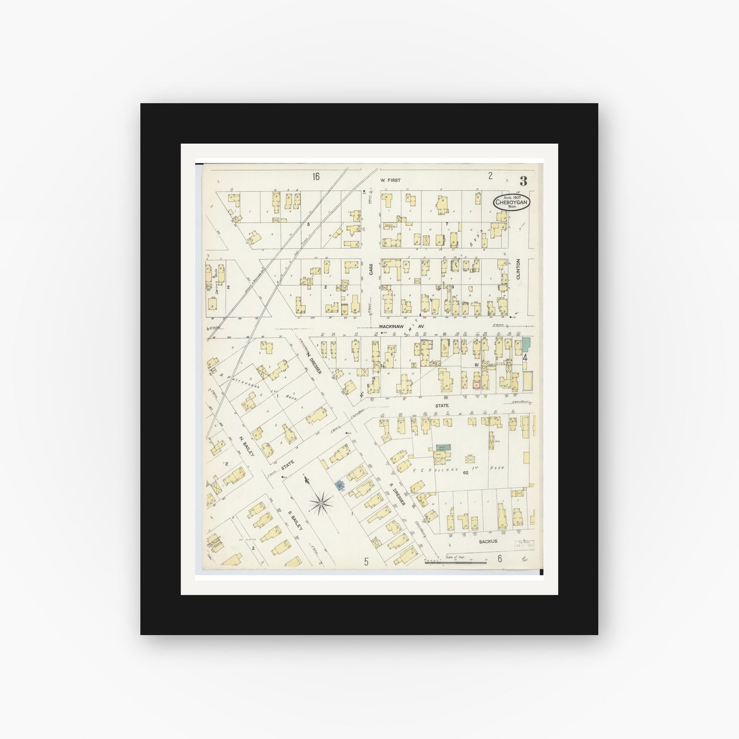 Old map wall art mockup — black gallery frame with white mat — Sanborn Fire Insurance Map from Cheboygan, Cheboygan County, Michigan (1907), Sheet #0003