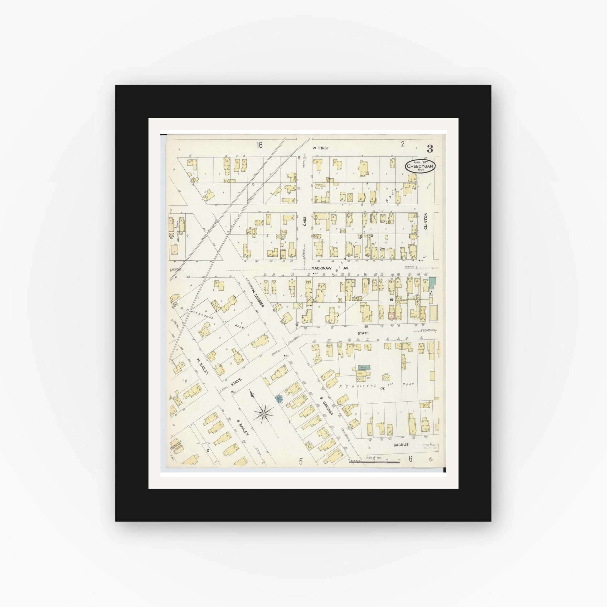 Old map wall art mockup — black gallery frame with white mat — Sanborn Fire Insurance Map from Cheboygan, Cheboygan County, Michigan (1907), Sheet #0003