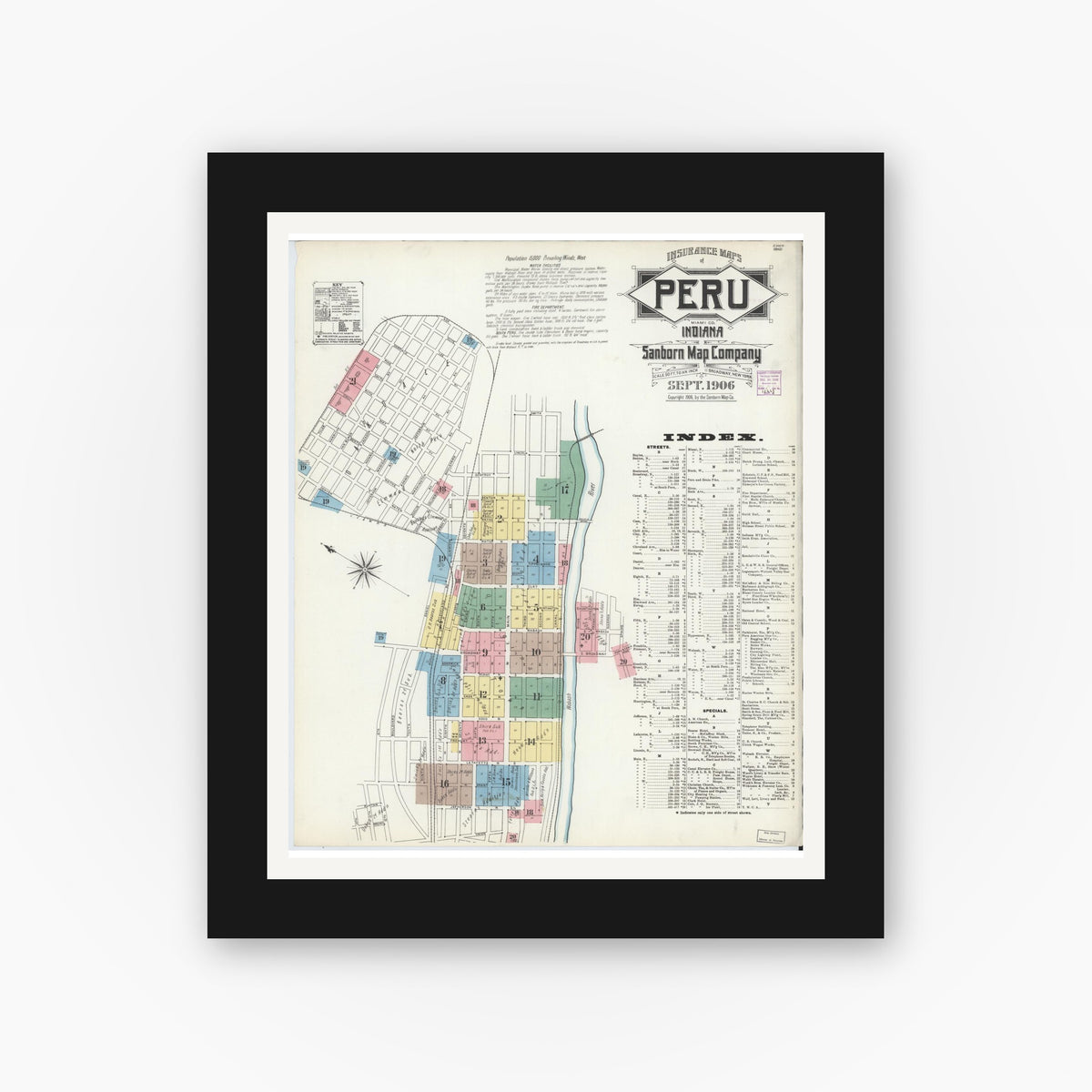 Old map wall art mockup — black gallery frame with white mat — Sanborn Fire Insurance Map from Peru, Miami County, Indiana (1906), Sheet #0001