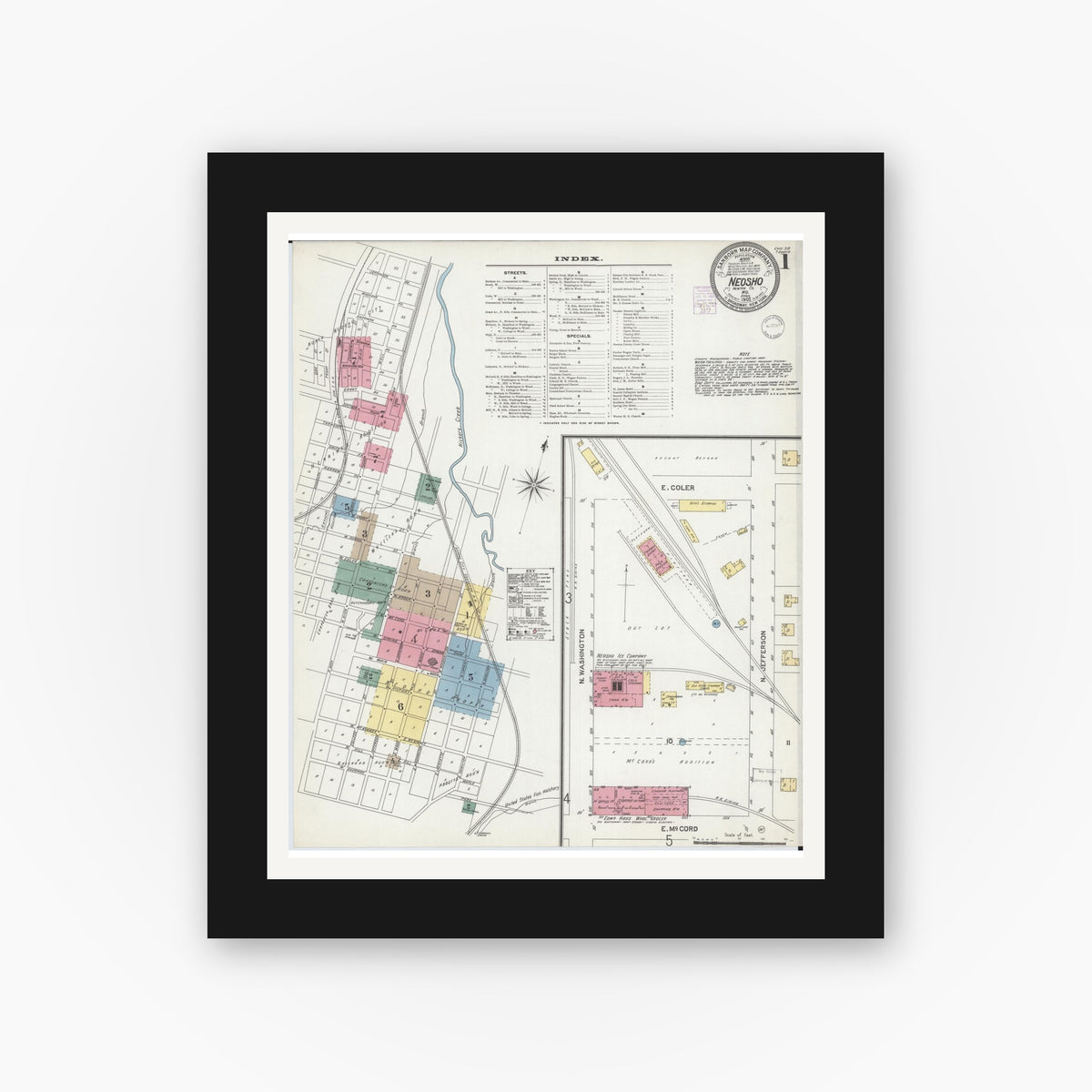 Old map wall art mockup — black gallery frame with white mat — Sanborn Fire Insurance Map from Neosho, Newton County, Missouri (1902) - Complete Map Set
