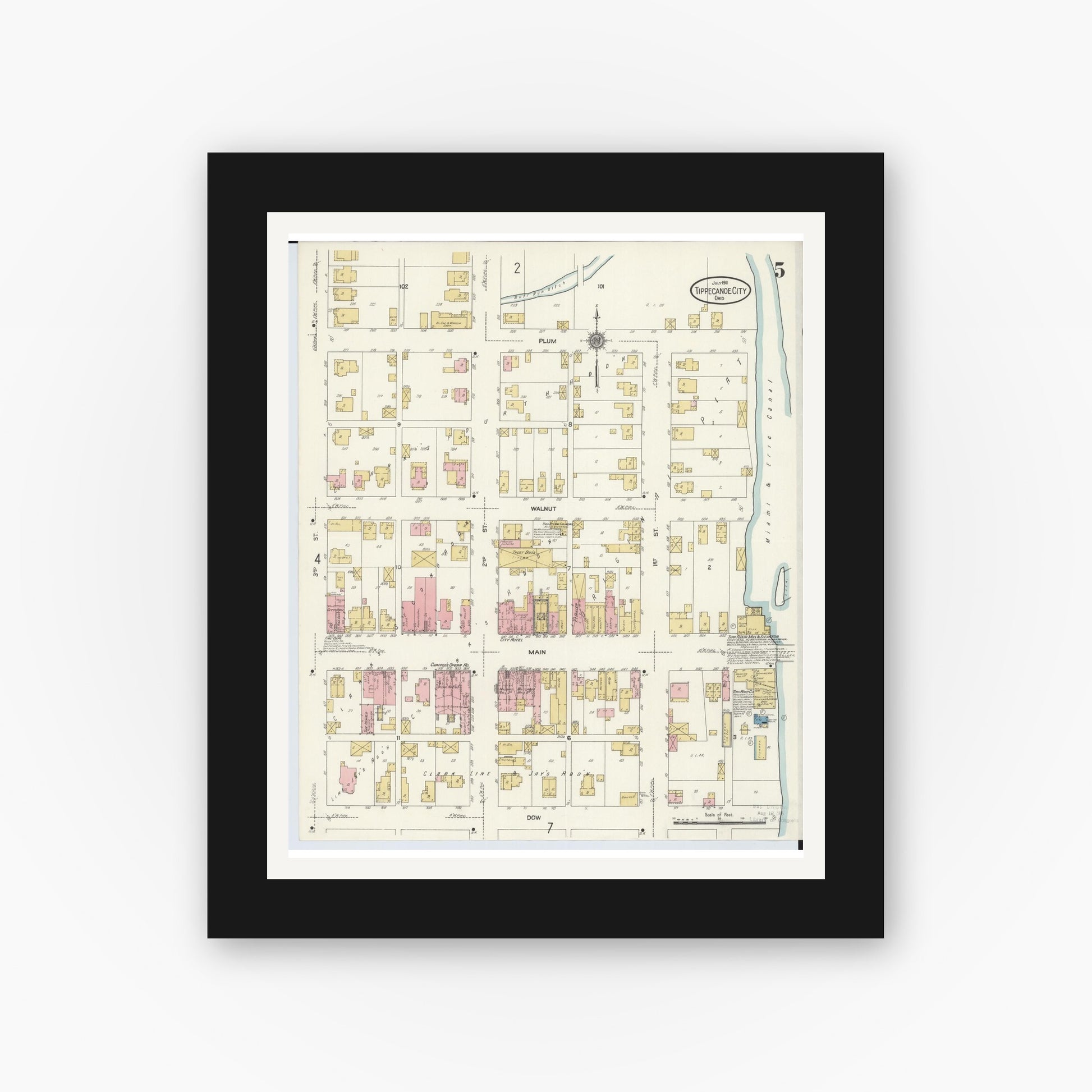 Old map wall art mockup — black gallery frame with white mat — Sanborn Fire Insurance Map from Tipp City, Miami County, Ohio (1911), Sheet #0005