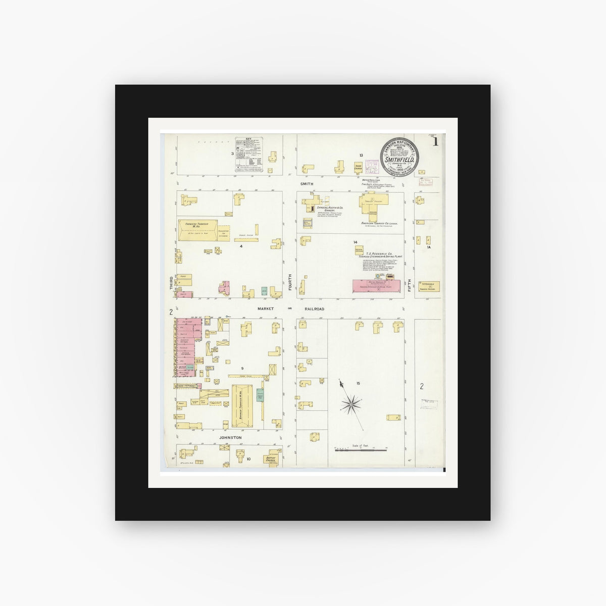 Old map wall art mockup — black gallery frame with white mat — Sanborn Fire Insurance Map from Smithfield, Johnston County, North Carolina (1908), Sheet #0001