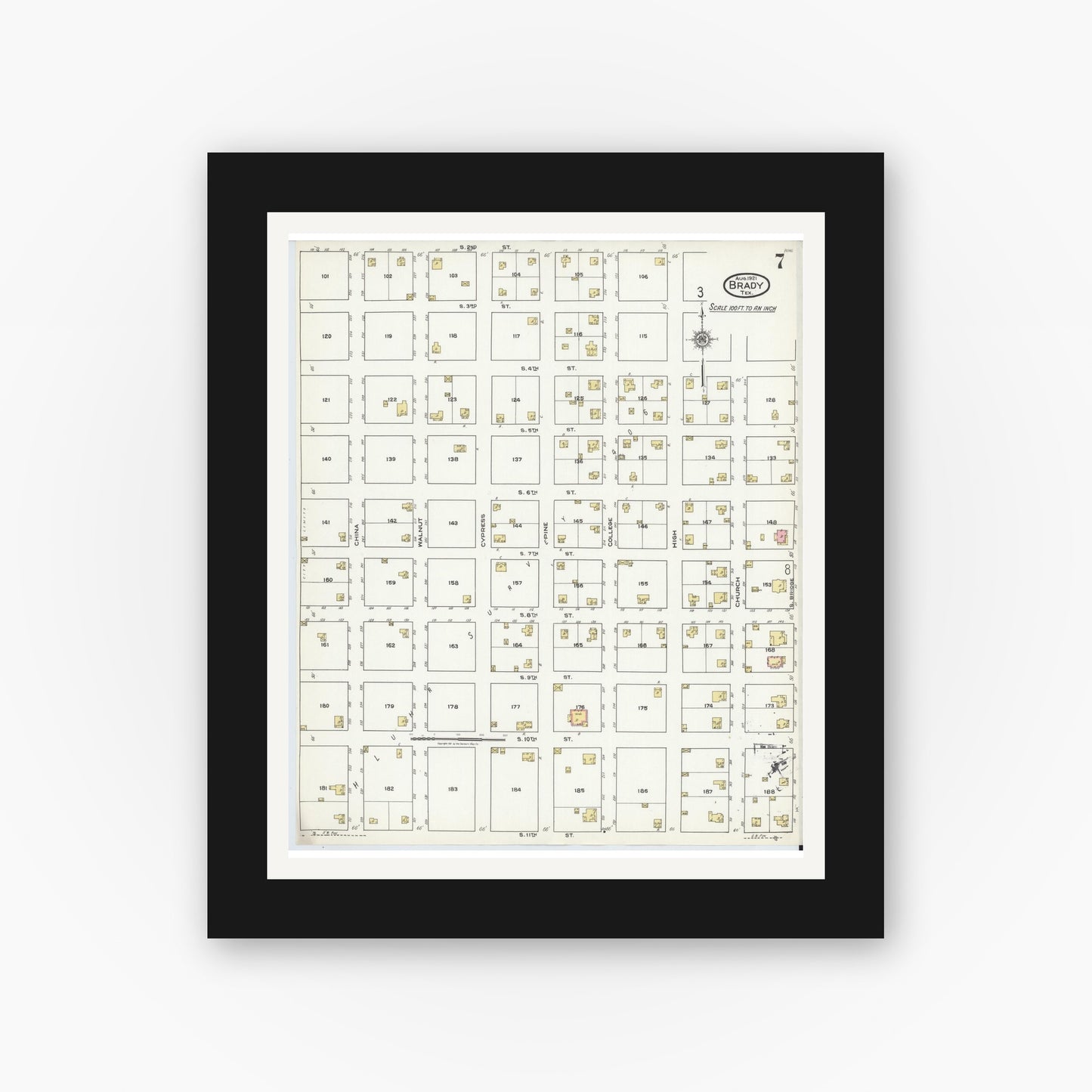 Old map wall art mockup — black gallery frame with white mat — Sanborn Fire Insurance Map from Brady, McCulloch County, Texas (1921), Sheet #0007